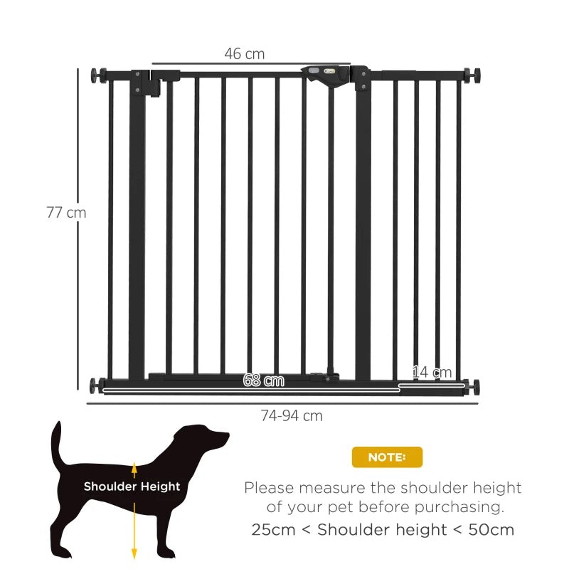 PawHut Metal Adjustable Dog Gate, Black, Expands from 74cm to 94cm - Secure Containment for Pets, Easy Installation - Ideal for Home Safety - ALL4U RETAILER LTD