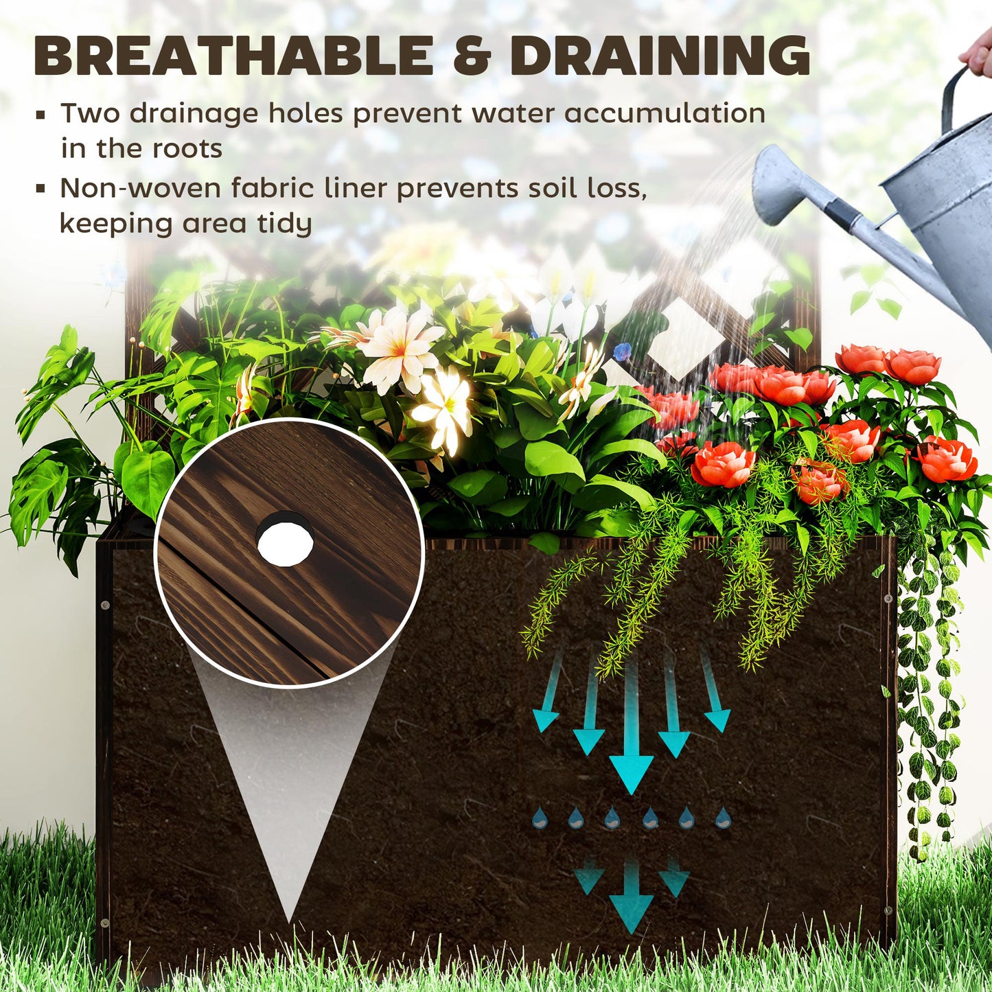 Outsunny Wooden Planter With Trellis Freestanding Raised Garden Bed Drainage Holes Liner For Vegetables And Herbs