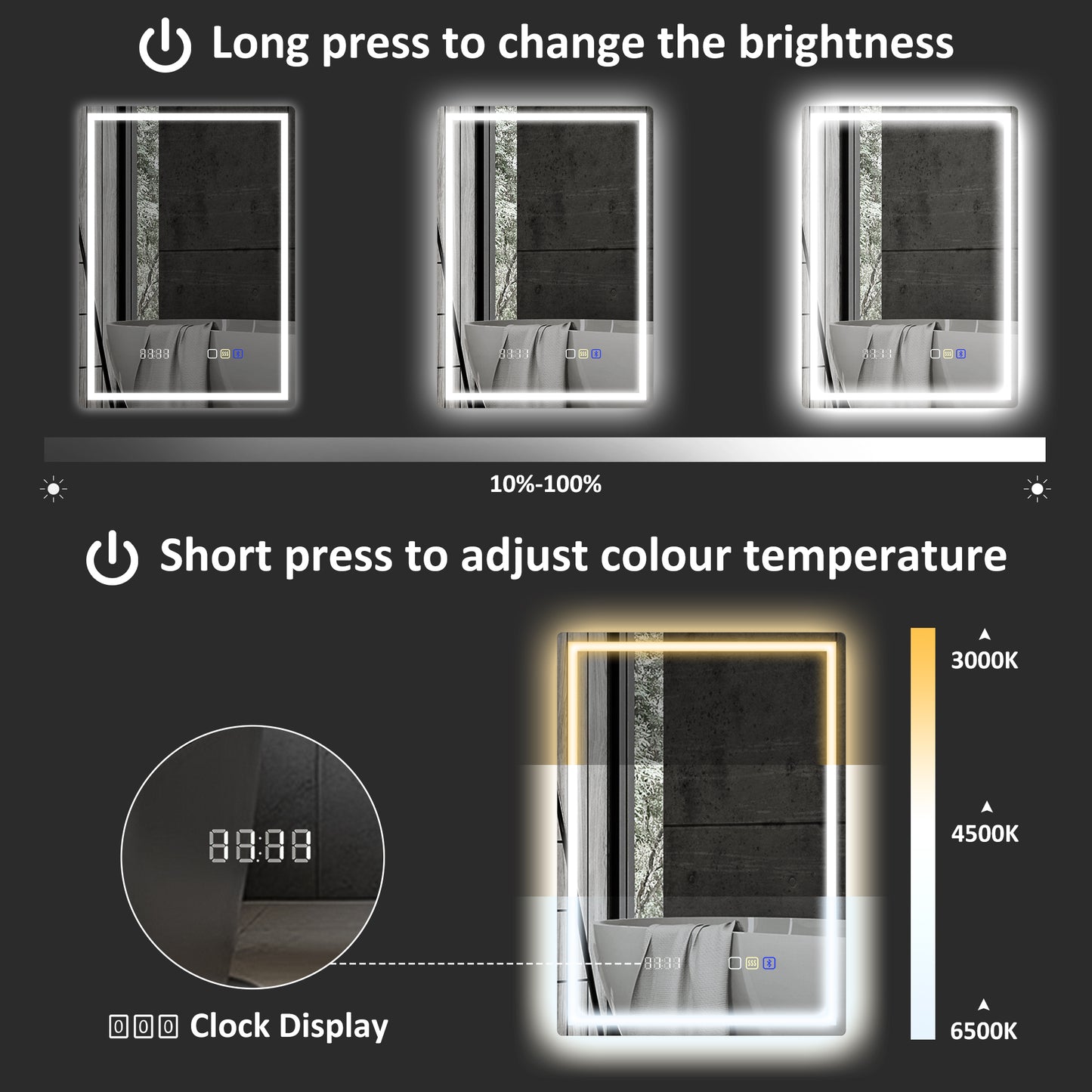 HOMCOM 50 By 70 Cm Anti Fog LED Bathroom Mirror With Bluetooth And Clock Silver Tone