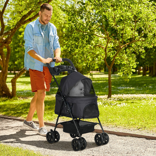 PawHut Foldable Pet Pushchair with Adjustable Canopy and Storage for Small Dogs - Black - ALL4U RETAILER LTD