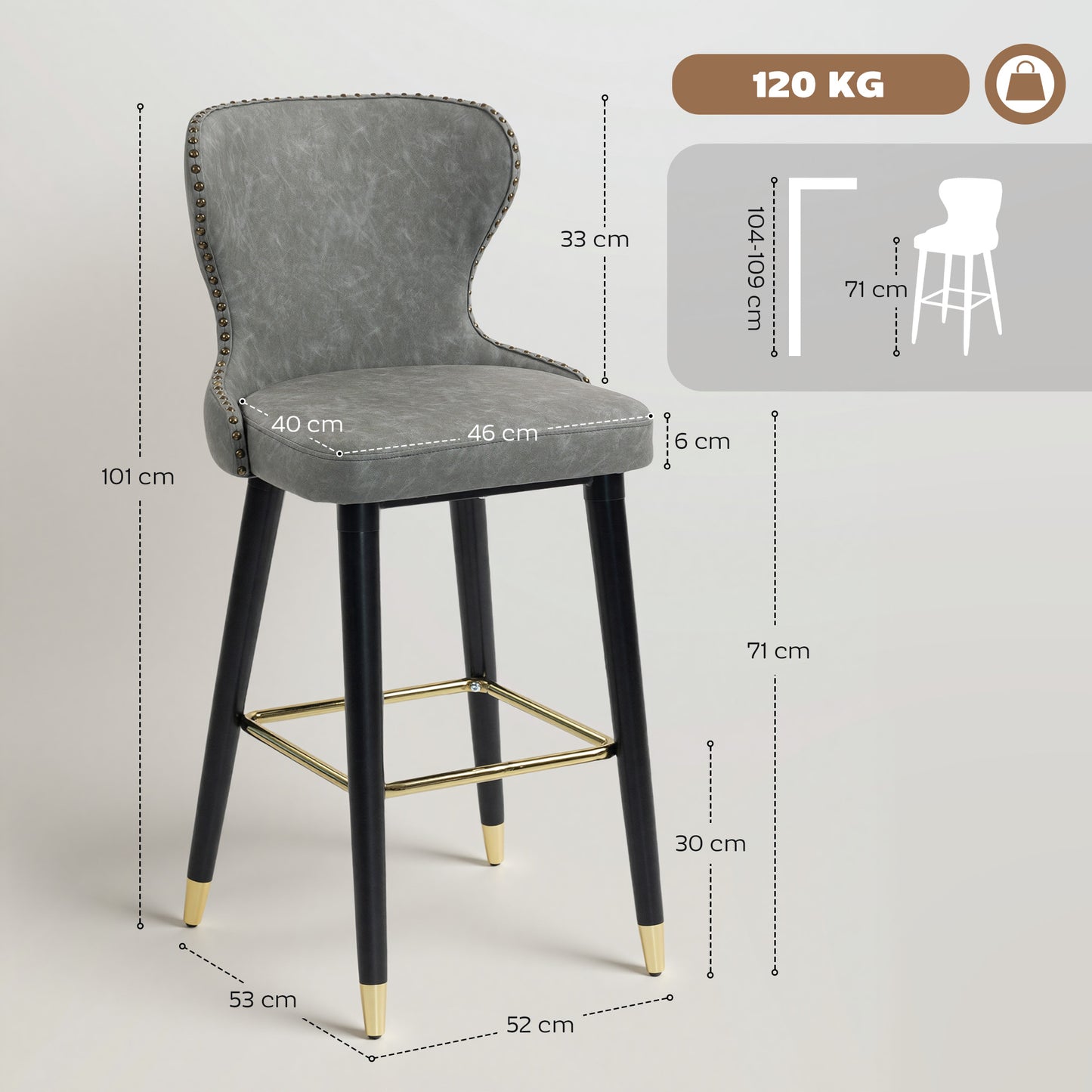 HOMCOM Bar Stools Set Of 2 PU Leather With Backrest Footrest And Wood Legs For Kitchen Counter Grey
