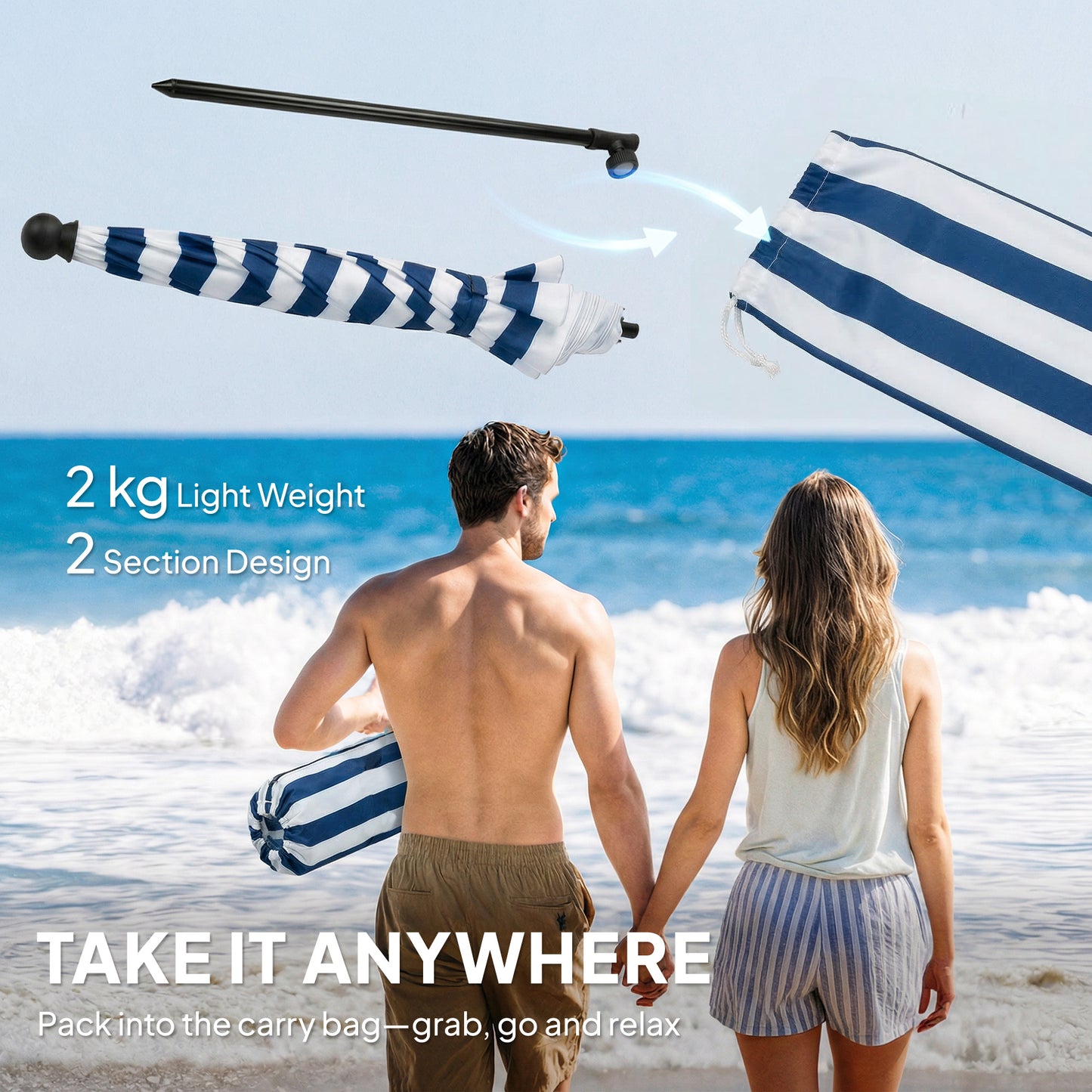 Outsunny 1.8 Meters Beach Umbrella With Sand Anchor Tilting 30 Degree Patio Sun Shade Adjustable Height Blue White