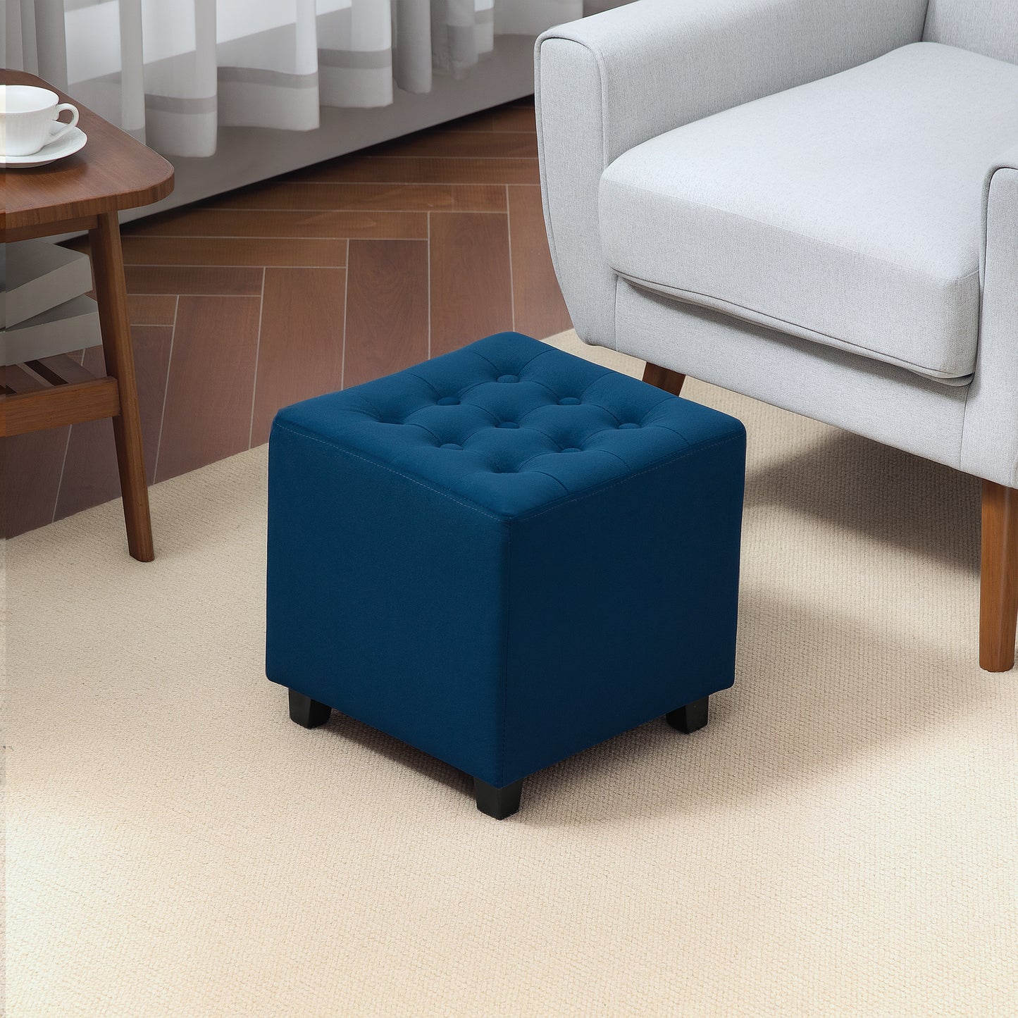 HOMCOM Velvet Feel Square Ottoman Blue 35x35cm Lightweight Pouffe Stool For Extra Seating And Footrest
