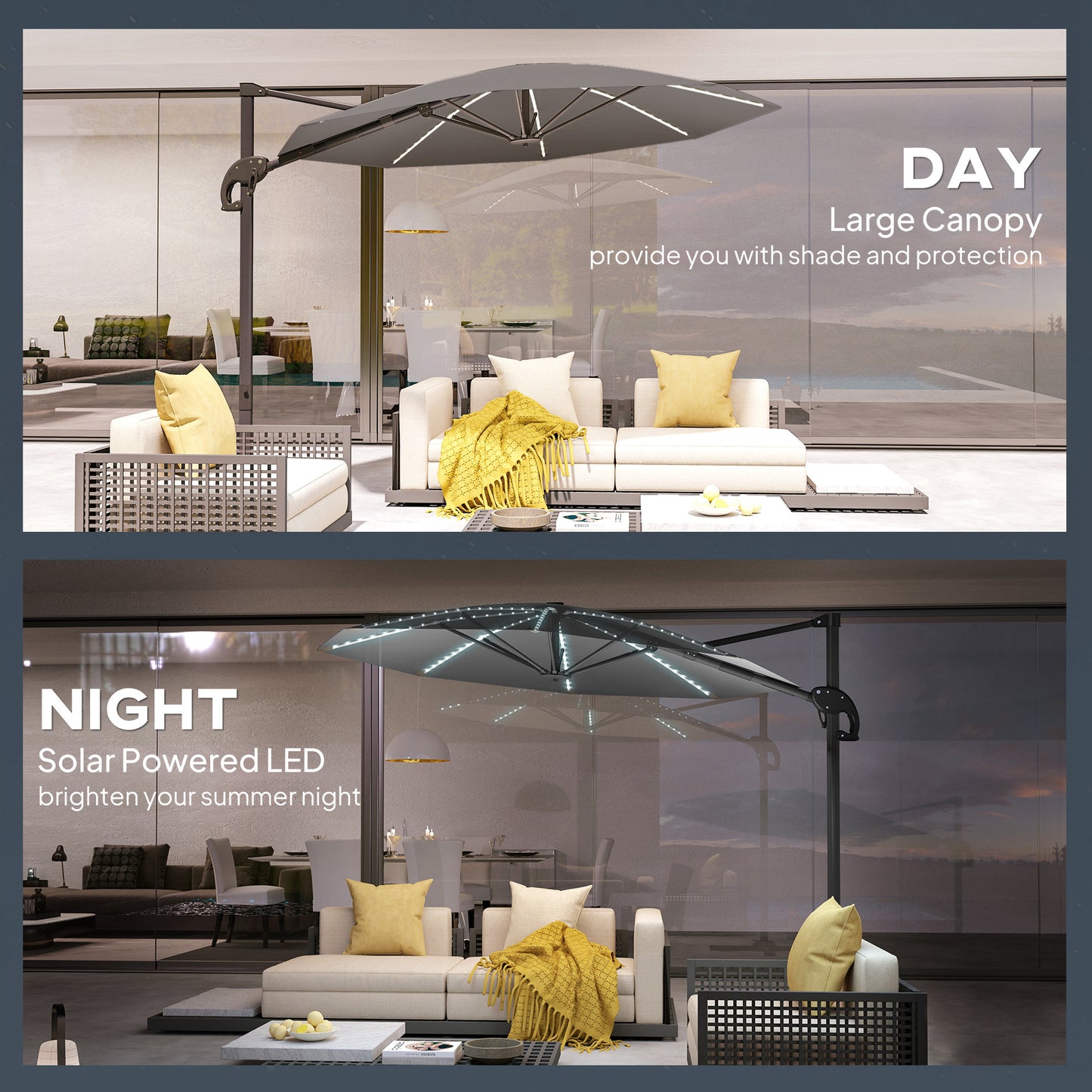 Outsunny 3m Cantilever Garden Parasol With Solar Powered Lights Cross Base UPF 50 360 Degree Rotation Dark Grey