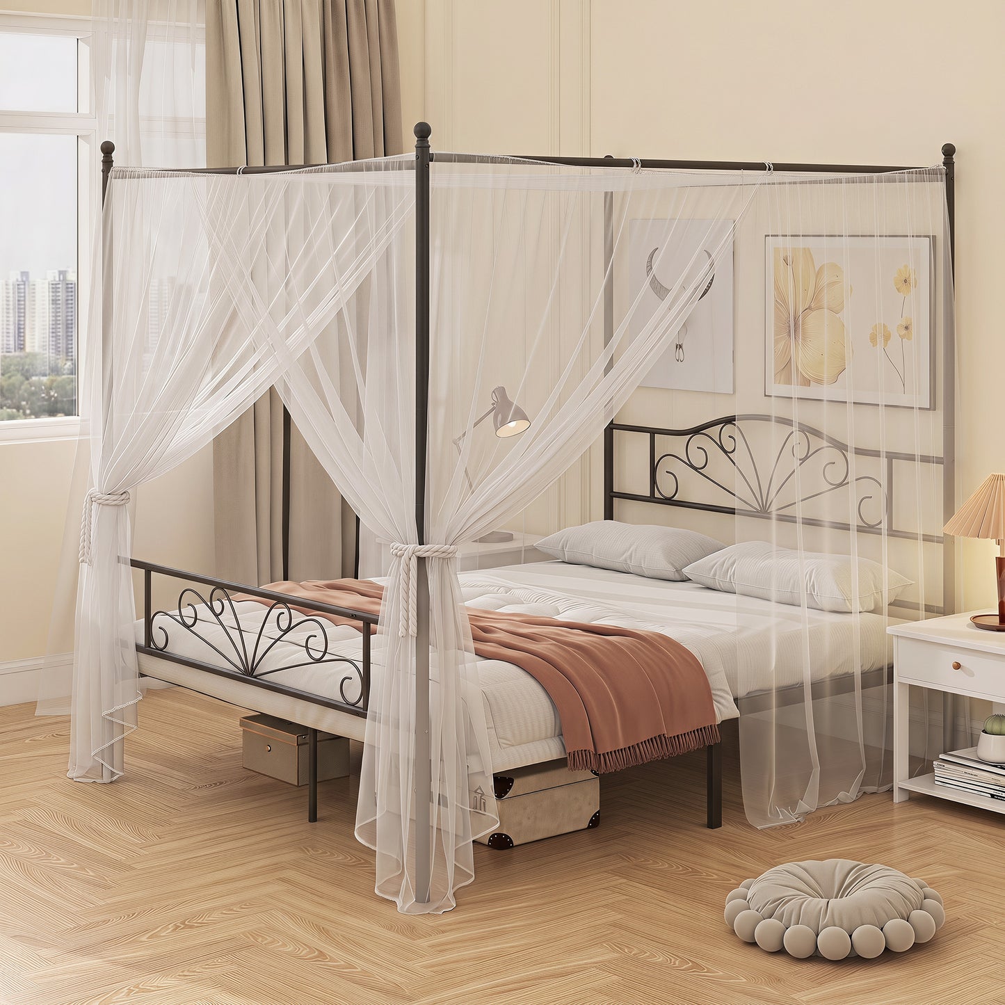 Homcom King Size Metal Platform Bed Frame With Canopy Posts Black