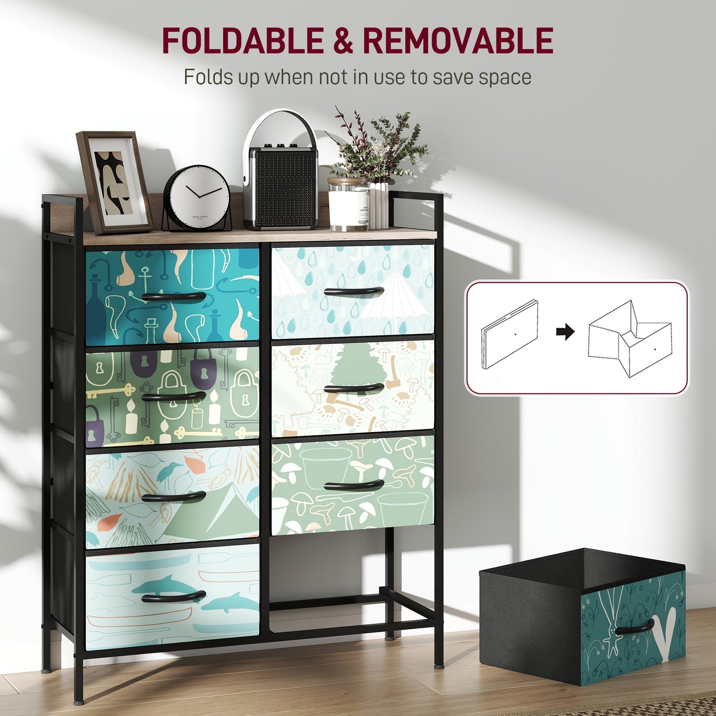 HOMCOM 8 Drawer Fabric Chest Of Drawers In Blue With Removable Foldable Drawers And Patterned Panels