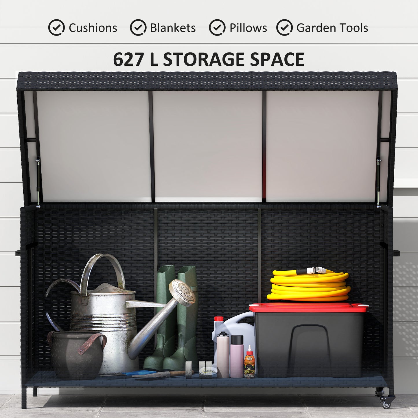 Outsunny 627 L Rattan Garden Storage Box Black With Gas Strut Lift And Steel Frame