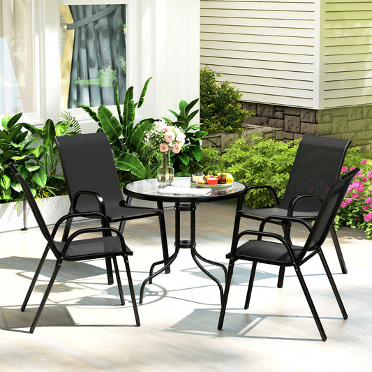 Outsunny Five Piece Steel Outdoor Patio Set With Round Glass Top Table And Stackable Chairs Black