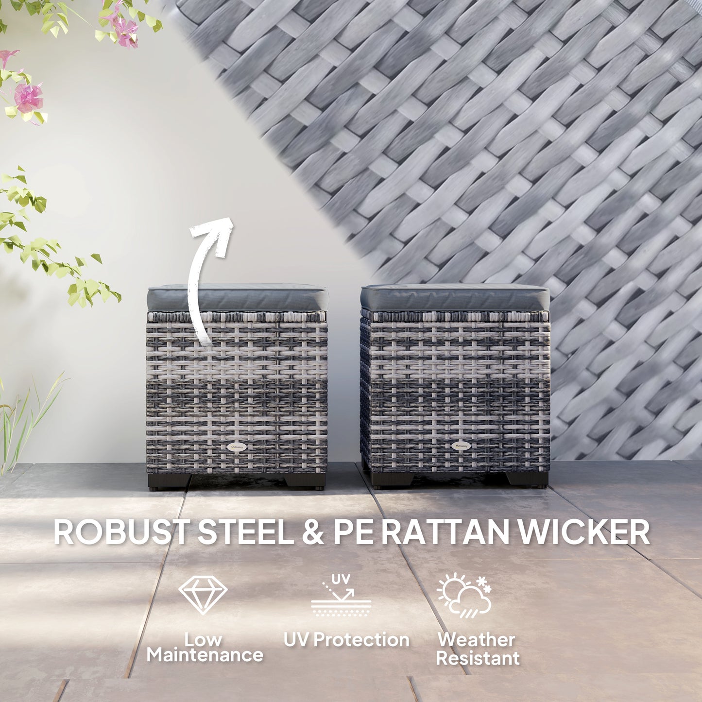 Outsunny Set of 2 Rattan Storage Ottomans Outdoor Footstools Removable Cushions Dark Grey