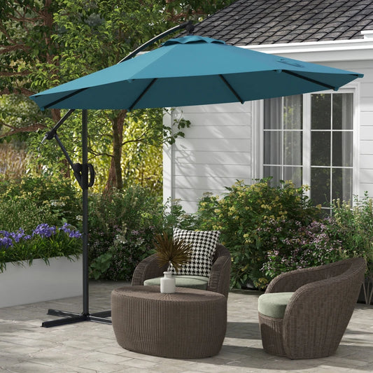 Outsunny 3m Cantilever Parasol - Blue Round Hanging Patio Umbrella with Cross Base, Crank Handle, Tilt, and 8 Ribs for Outdoor Pool, Garden, Balcony