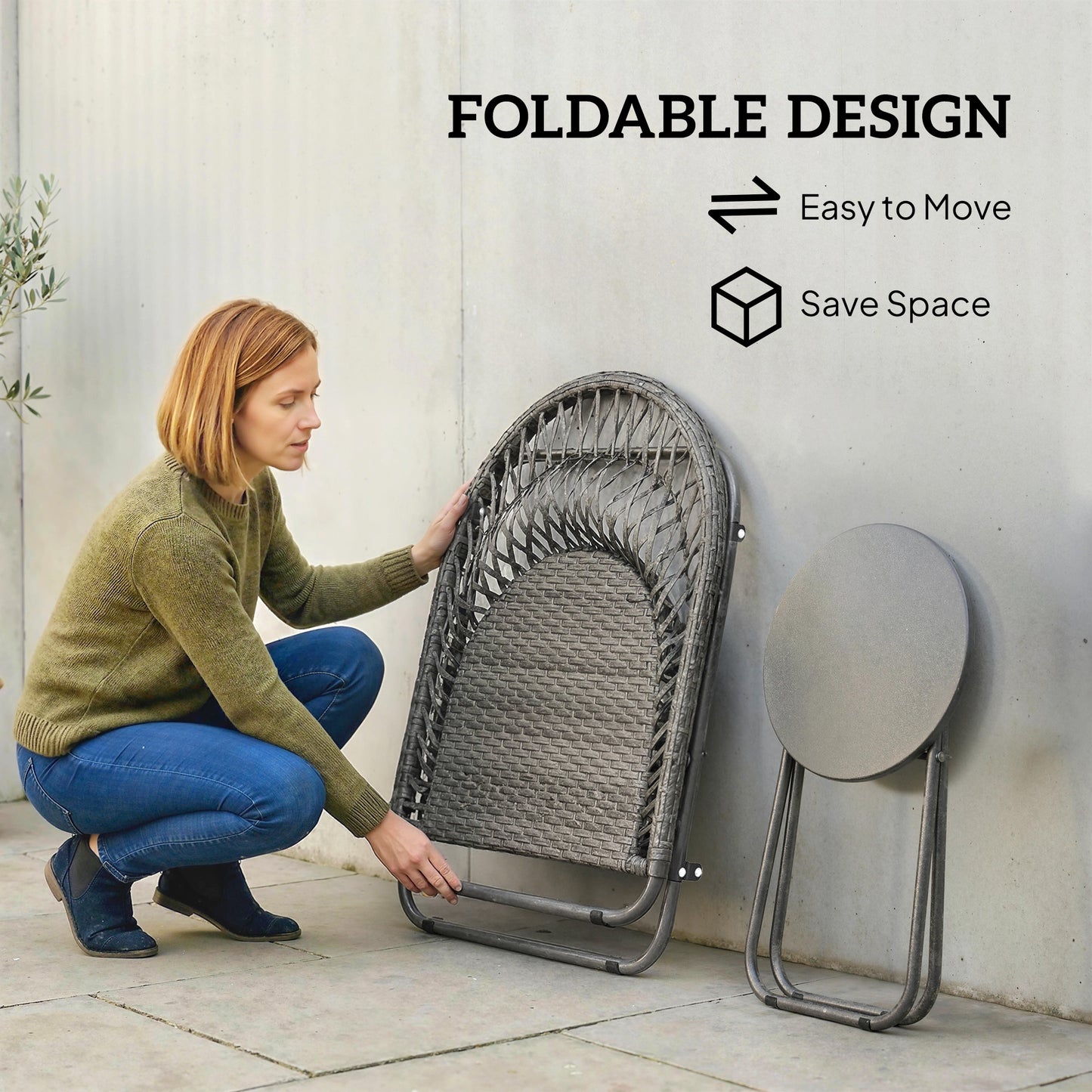 Outsunny Folding Patio Bistro Set for 2 with Table and Two Chairs Grey Outdoor Balcony Furniture