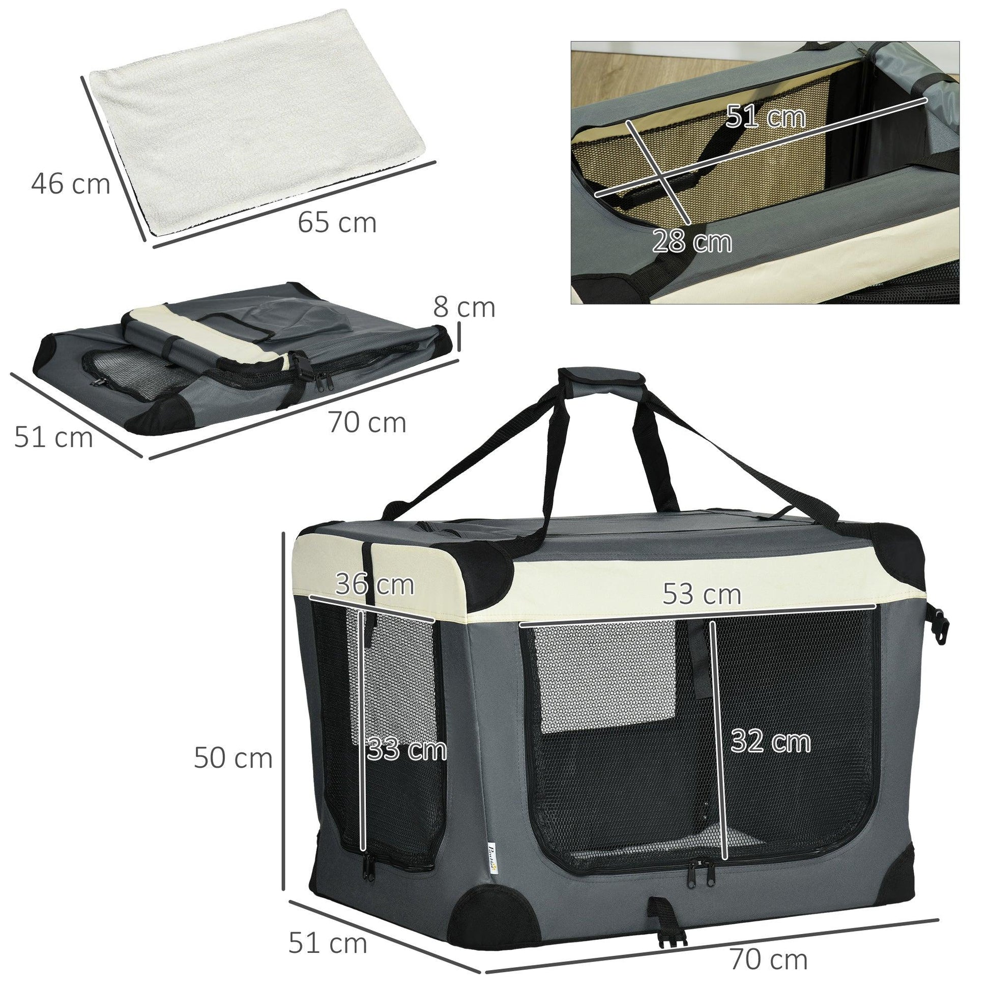 PawHut 70cm Foldable Pet Carrier, Portable Dog/Cat Travel Bag w/ Cushion - Grey - ALL4U RETAILER LTD