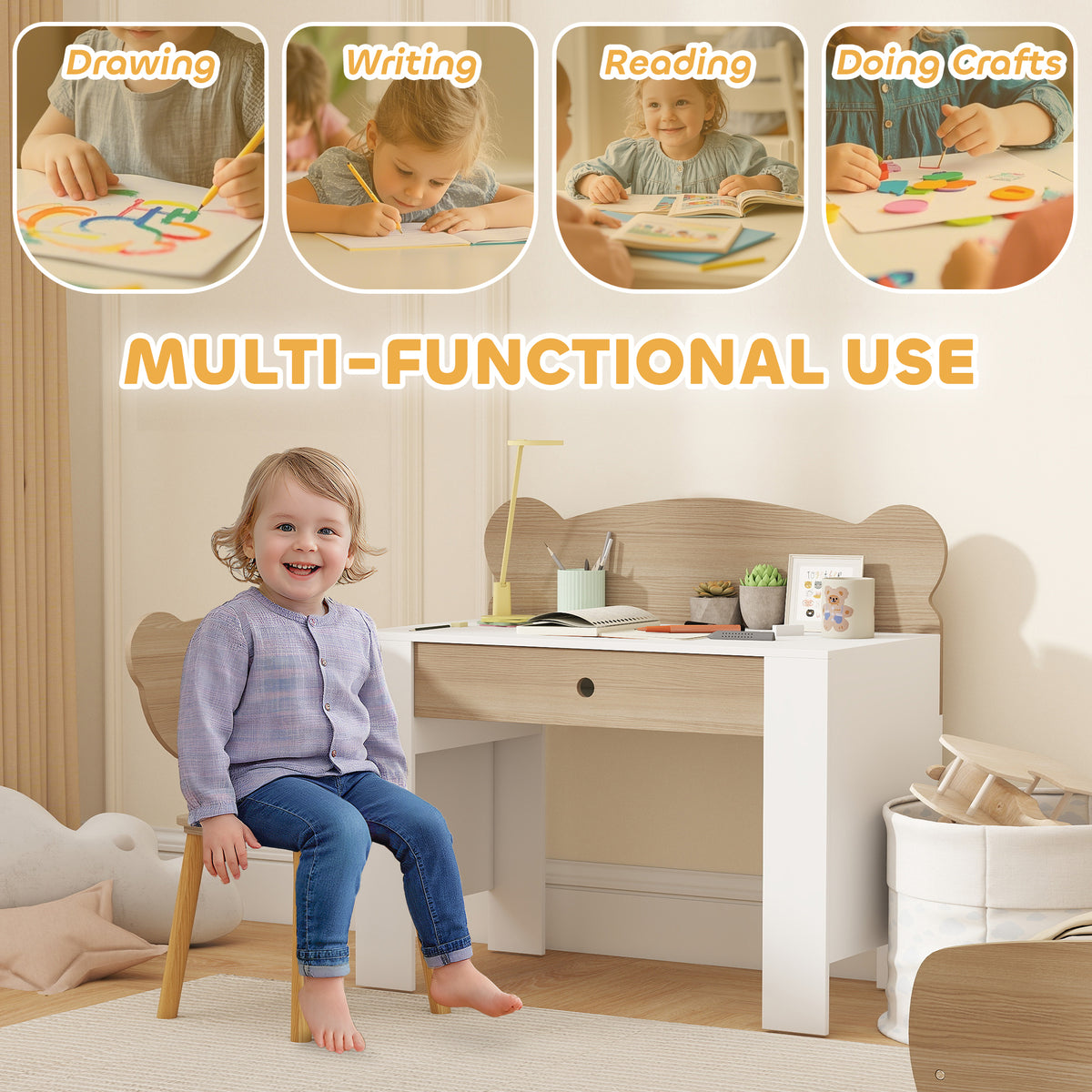 AIYAPLAY Kids Desk and Chair Set with Drawer Bear Theme for Drawing and Reading