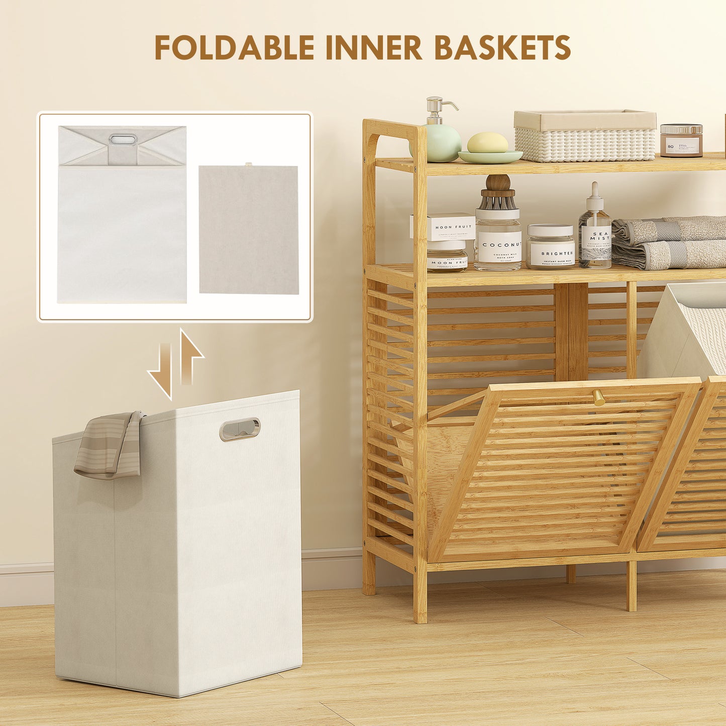 HOMCOM Double Tilt Out Bamboo Laundry Cabinet Freestanding Bathroom Storage With 2 Removable Baskets Natural Finish