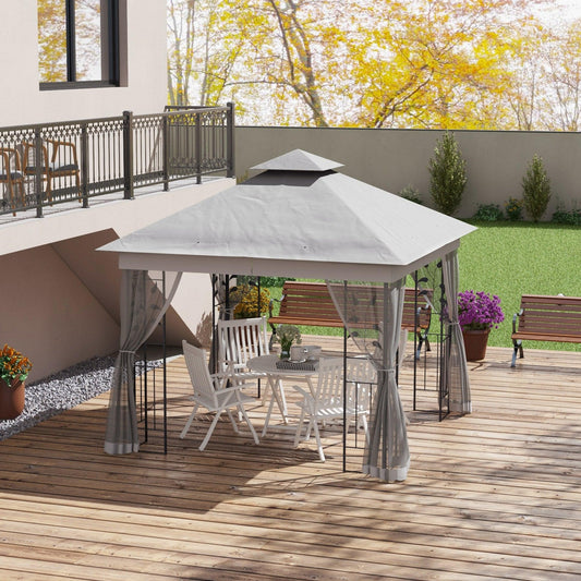 Outsunny 3(m) x 3(m) Double Roof Outdoor Garden Gazebo Canopy Shelter with Netting, Solid Steel Frame, Light Grey - ALL4U RETAILER LTD
