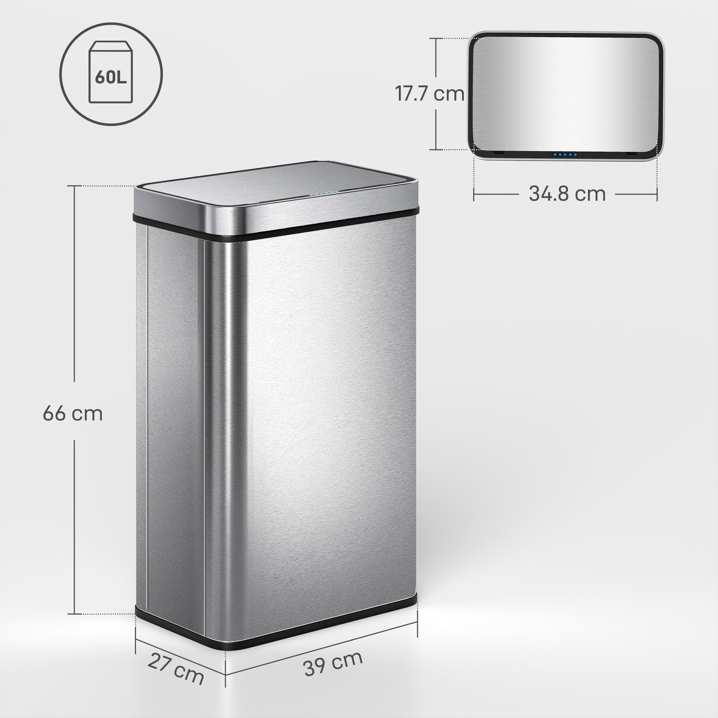 HOMCOM 60 L Sensor Bin With Soft Close Lid Fingerprint Proof Stainless Steel Silver Tone Touchless Trash Can