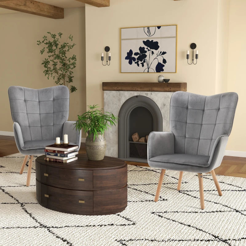 HOMCOM Set of 2 Modern Accent Chairs: Velvet-Touch Tufted Wingback Armchairs, Upholstered Leisure Lounge Sofas with Wood Legs - Grey - ALL4U RETAILER LTD