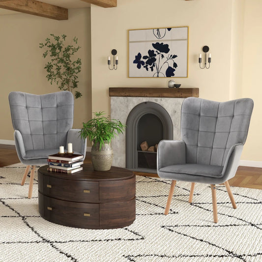 HOMCOM Set of 2 Modern Accent Chairs: Velvet-Touch Tufted Wingback Armchairs, Upholstered Leisure Lounge Sofas with Wood Legs - Grey - ALL4U RETAILER LTD