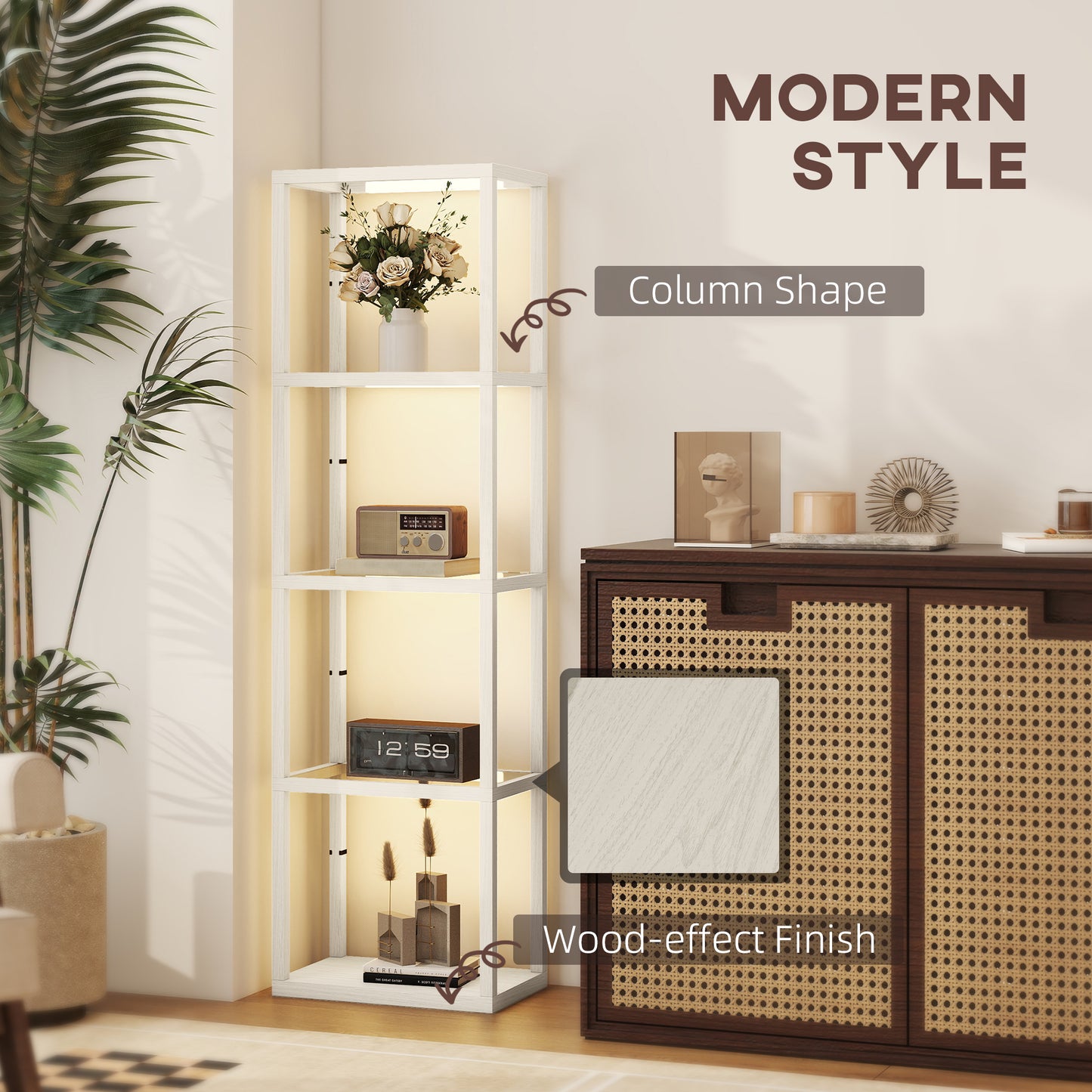 HOMCOM Four Shelf Floor Lamp With Bleached Oak Finish And Tempered Glass Shelves Three Level Adjustable LED Lighting