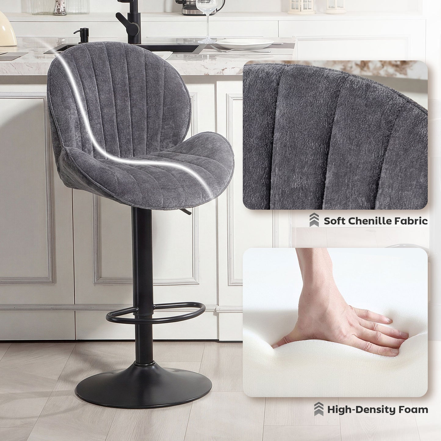 HOMCOM Bar Stools Set Of 2 With Backrest 360 Degree Swivel Adjustable Height Footrest Grey For Kitchen Island And Dining