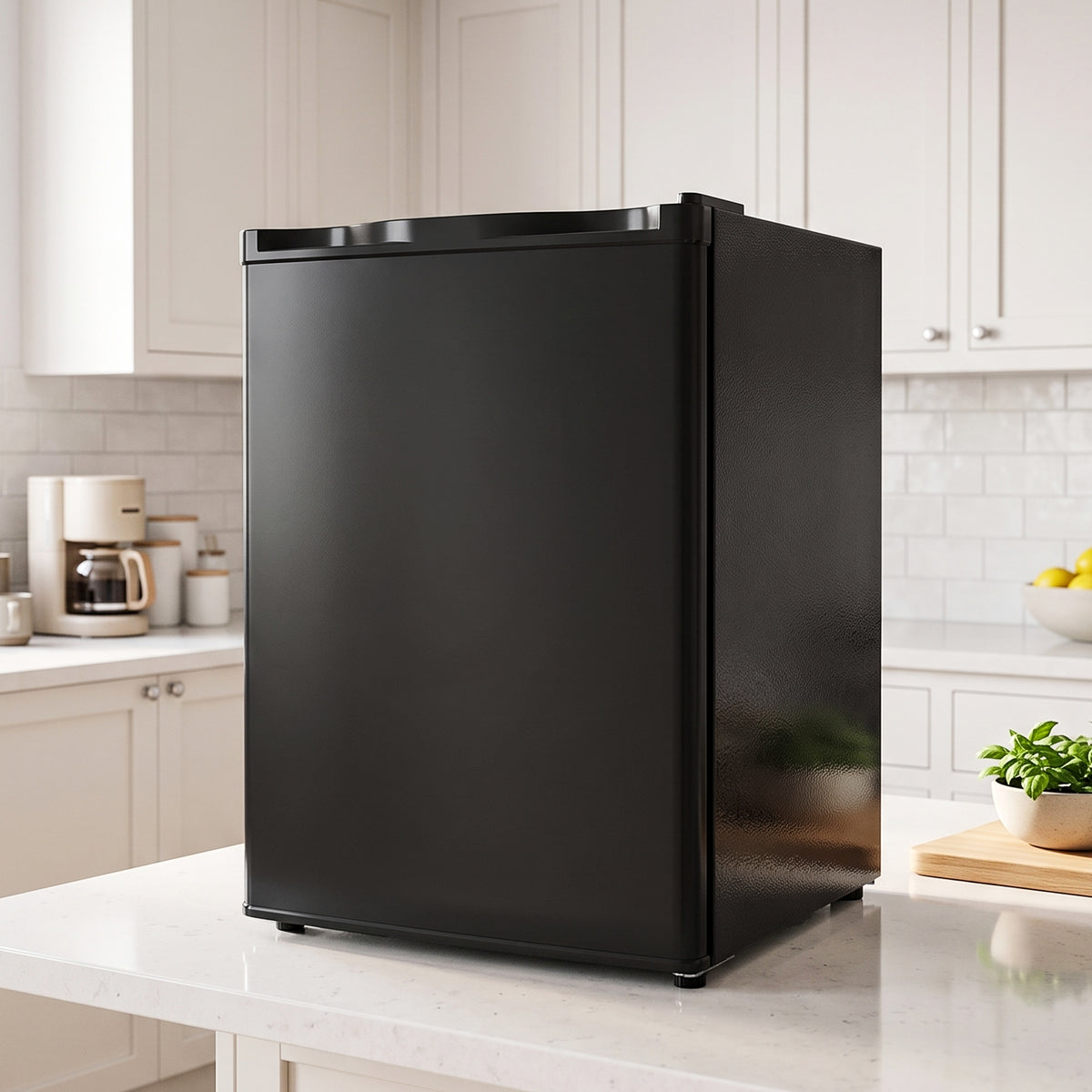 Black mini fridge with adjustable thermostat, chiller box, and reversible door