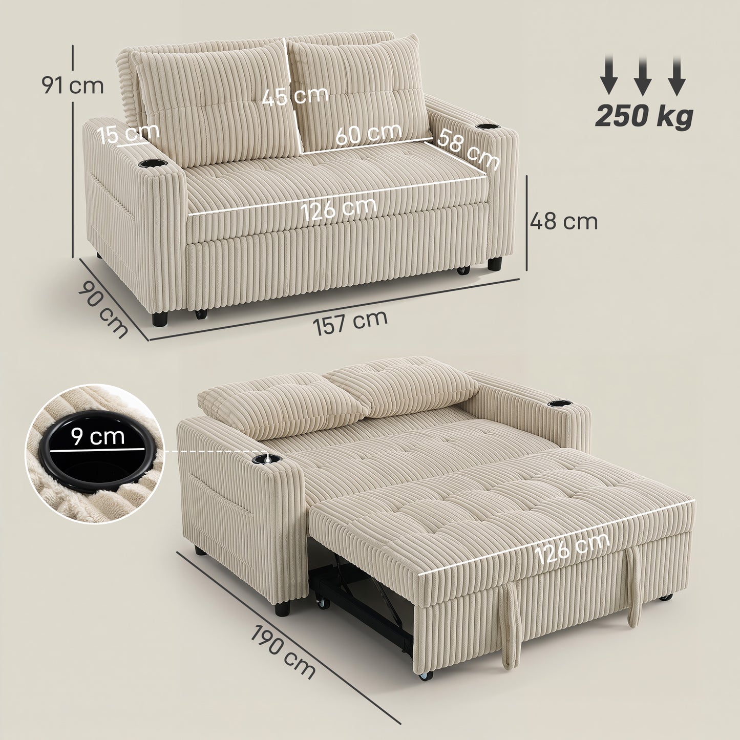 HOMCOM Corduroy Click Clack Sleeper Sofa With Pull Out Design 2 Seater Sofa Bed Cream White