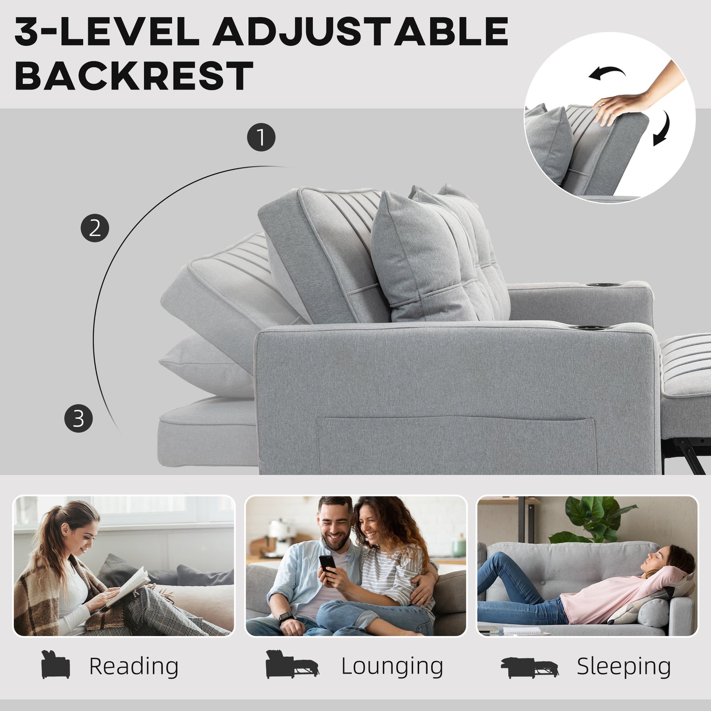 HOMCOM Two Seater Pull Out Sofa Bed Light Grey Click Clack With Three Level Adjustable Back Linen Look Upholstery