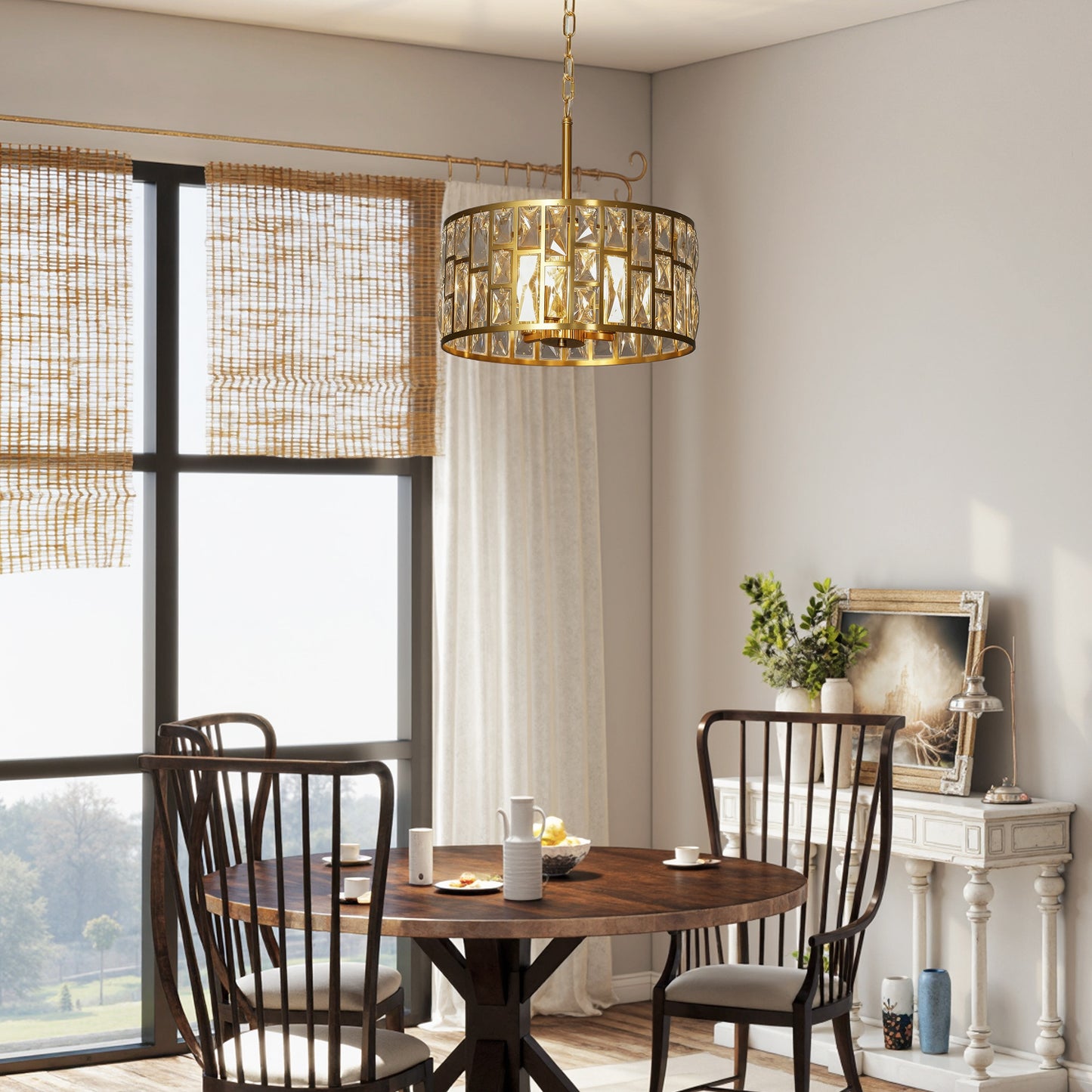 HOMCOM 72 Glass Crystallite Chandelier Gold Tone Ceiling Light With Flush Mount Or Hanging Installation Three Bulbs