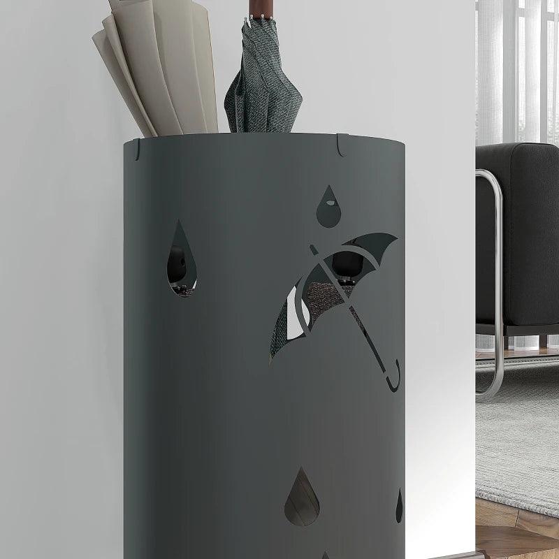 HOMCOM Dark Grey Freestanding Umbrella Stand with 4 Hooks and Drip Tray for Entryway, Round Umbrella Basket - Hallway Organiser - ALL4U RETAILER LTD