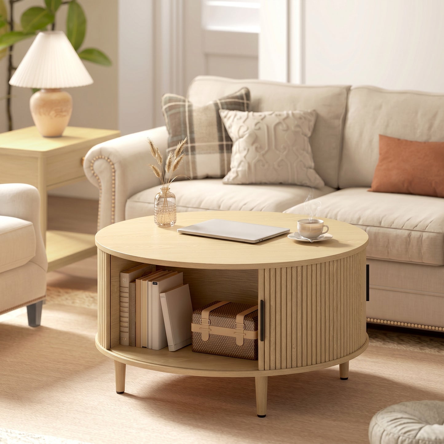 HOMCOM Lift Top Coffee Table With Hidden Storage Round Natural Wood 80 cm Fluted Sliding Door