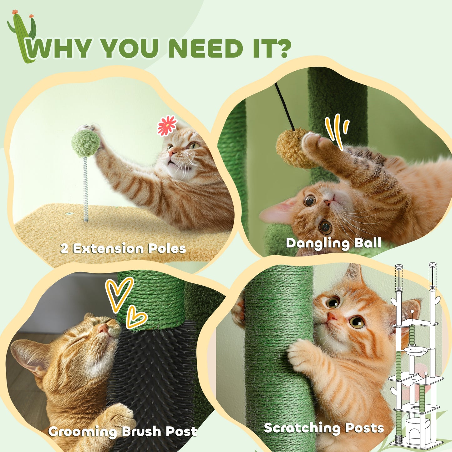 PawHut Adjustable Green Cat Tower: Floor to Ceiling Cat Tree with Hammocks & Scratching Posts for Indoor Use