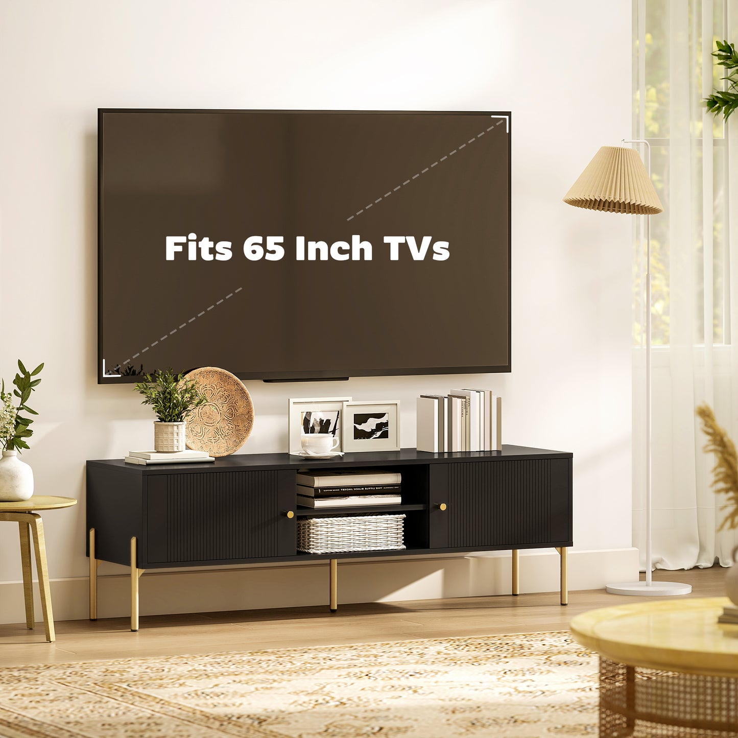 HOMCOM TV Stand for 65 Inch TVs Entertainment Center With Two Open Shelves And Two Cabinets Steel Legs Black
