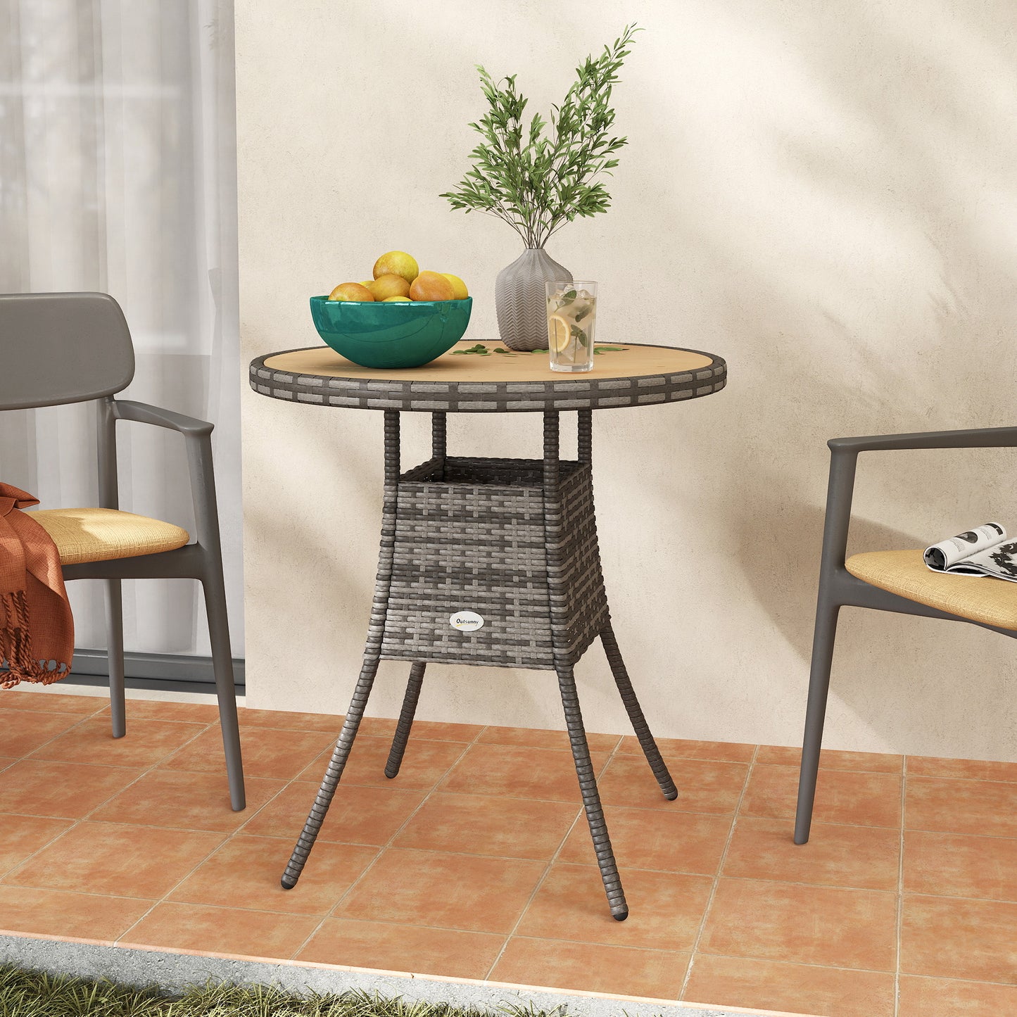 Outsunny 70 Cm Wood Effect Rattan Garden Table With Galvanised Steel Frame Natural Wood Finish