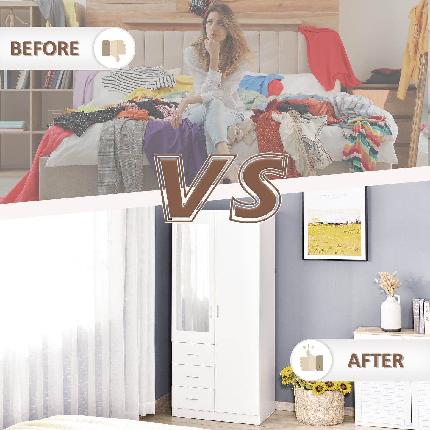 HOMCOM Two Door Three Drawer Mirrored Wardrobe With Hanging Rail And Adjustable Shelves White 80 Cm By 50 Cm By 180 Cm