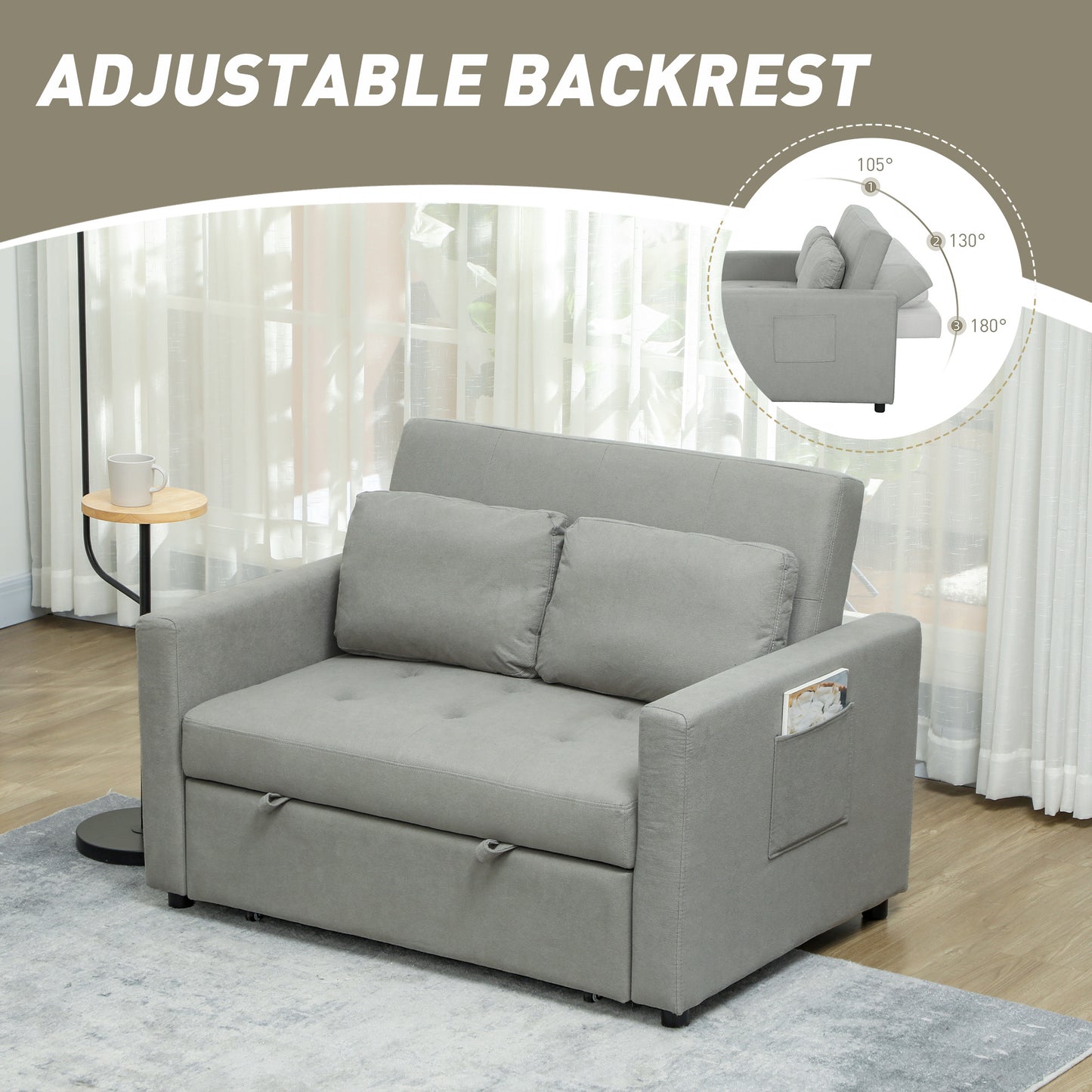 HOMCOM Loveseat Sofa Bed Convertible Settee With 2 Pillows And Side Pockets Light Grey