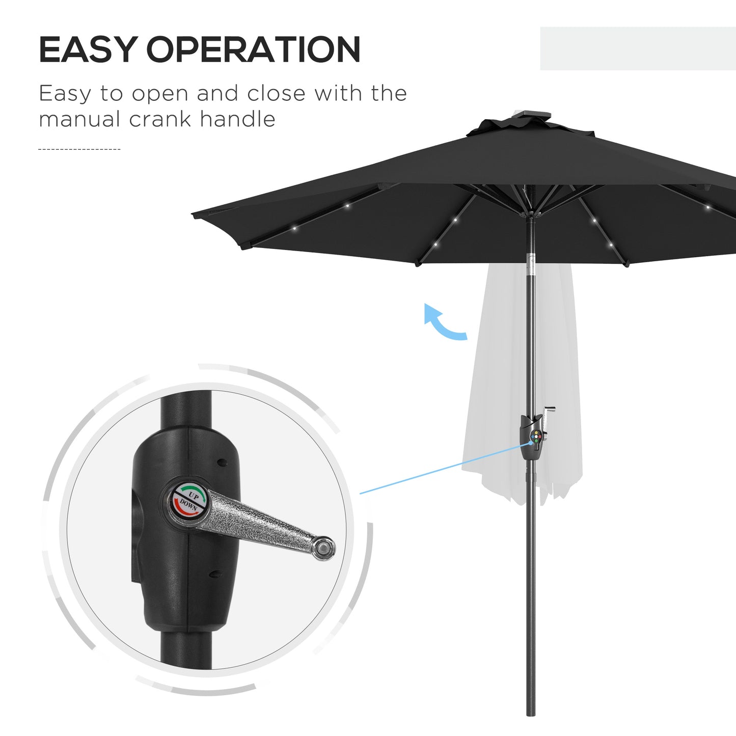 Outsunny Solar-Powered LED Garden Umbrella with Adjustable Tilt and Hand Crank, 2.7m Outdoor Patio Shade, Black - ALL4U RETAILER LTD