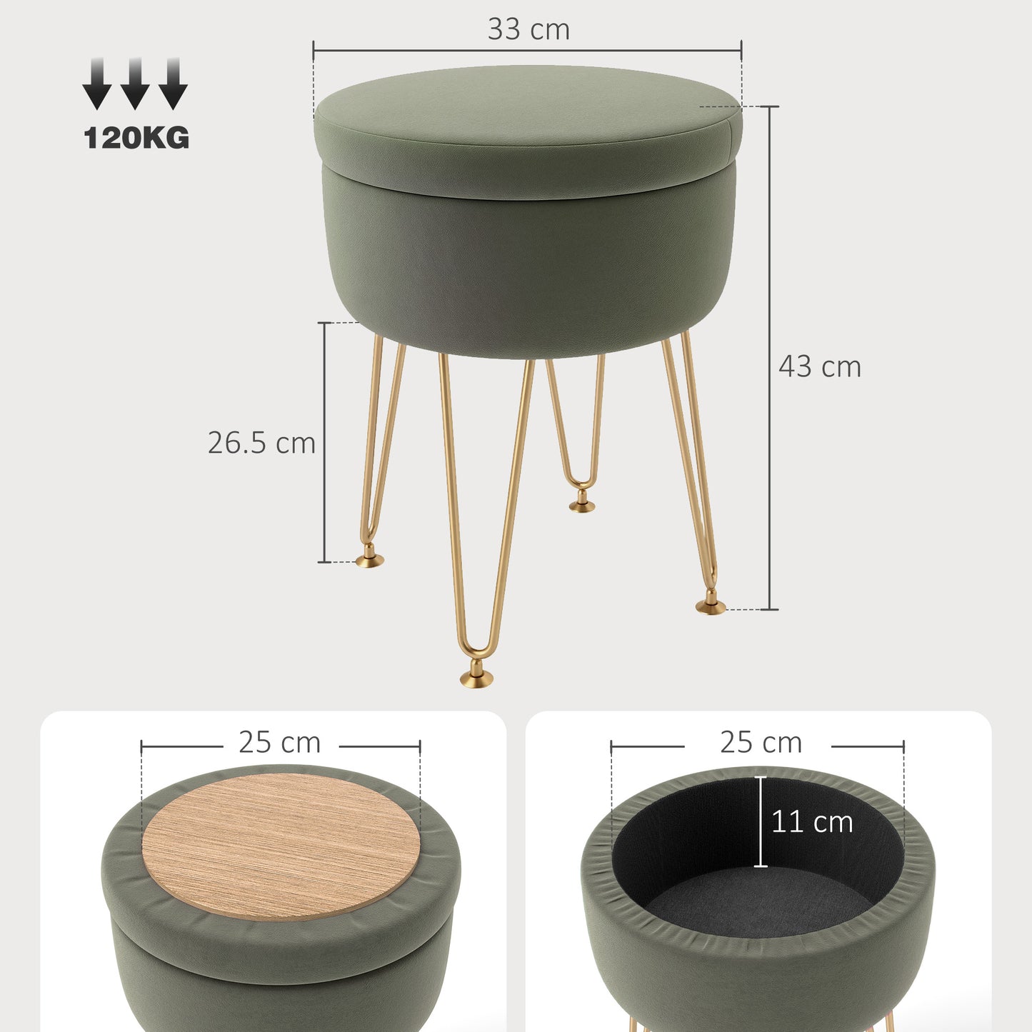 HOMCOM 5L Velvet Feel Green Storage Ottoman With Gold Hairpin Legs Soft Velvet Upholstery