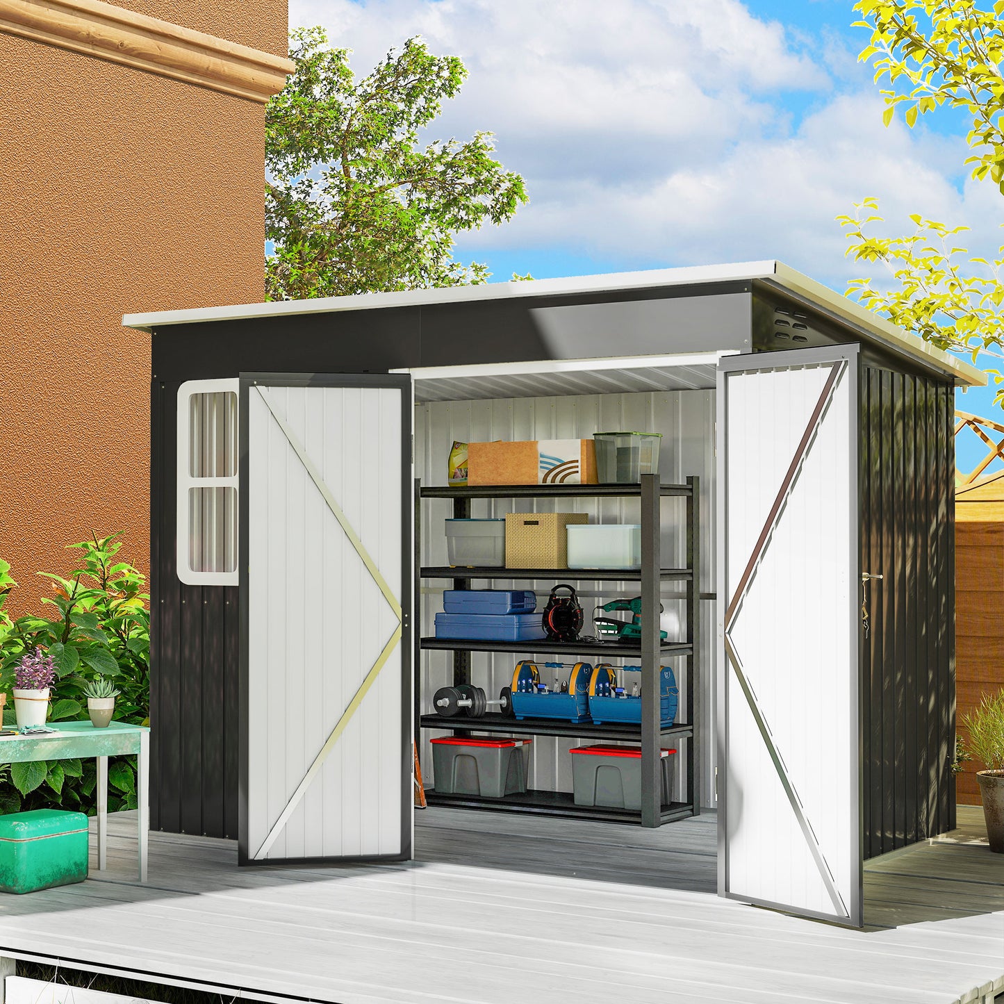 Outsunny 8.5 x 6ft Galvanised Steel Storage Shed With Foundation Kit Window Lockable Wide Doors Air Vents Dark Grey