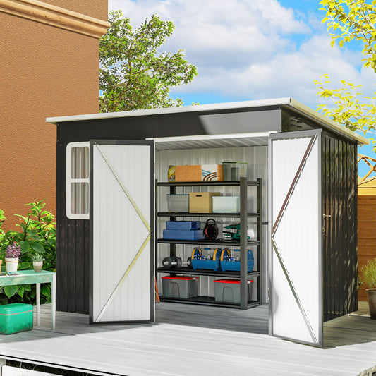Outsunny 8.5 x 6ft Galvanised Steel Storage Shed With Foundation Kit Window Lockable Wide Doors Air Vents Dark Grey