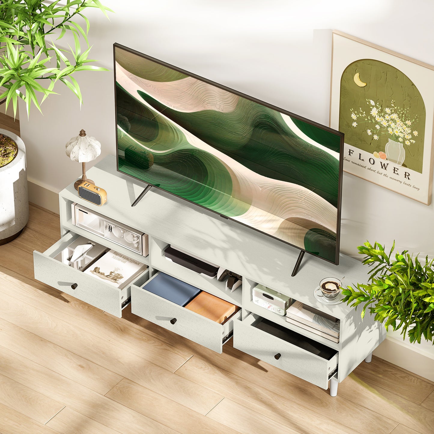 HOMCOM Cream White Multi Storage TV Stand With Three Shelves And Three Drawers Cable Management Up To 75 Inch Screen