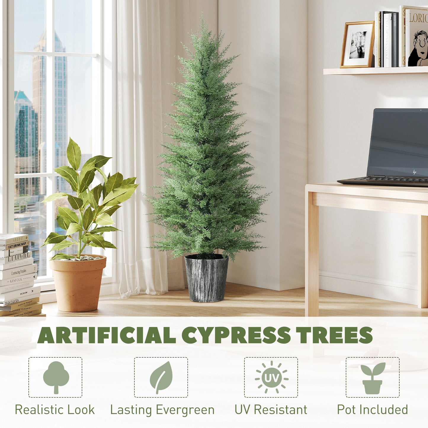 HOMCOM 135cm Artificial Cypress Trees Set Of 2 With Decorative Pots For Indoor Outdoor Decor Green UV Resistant
