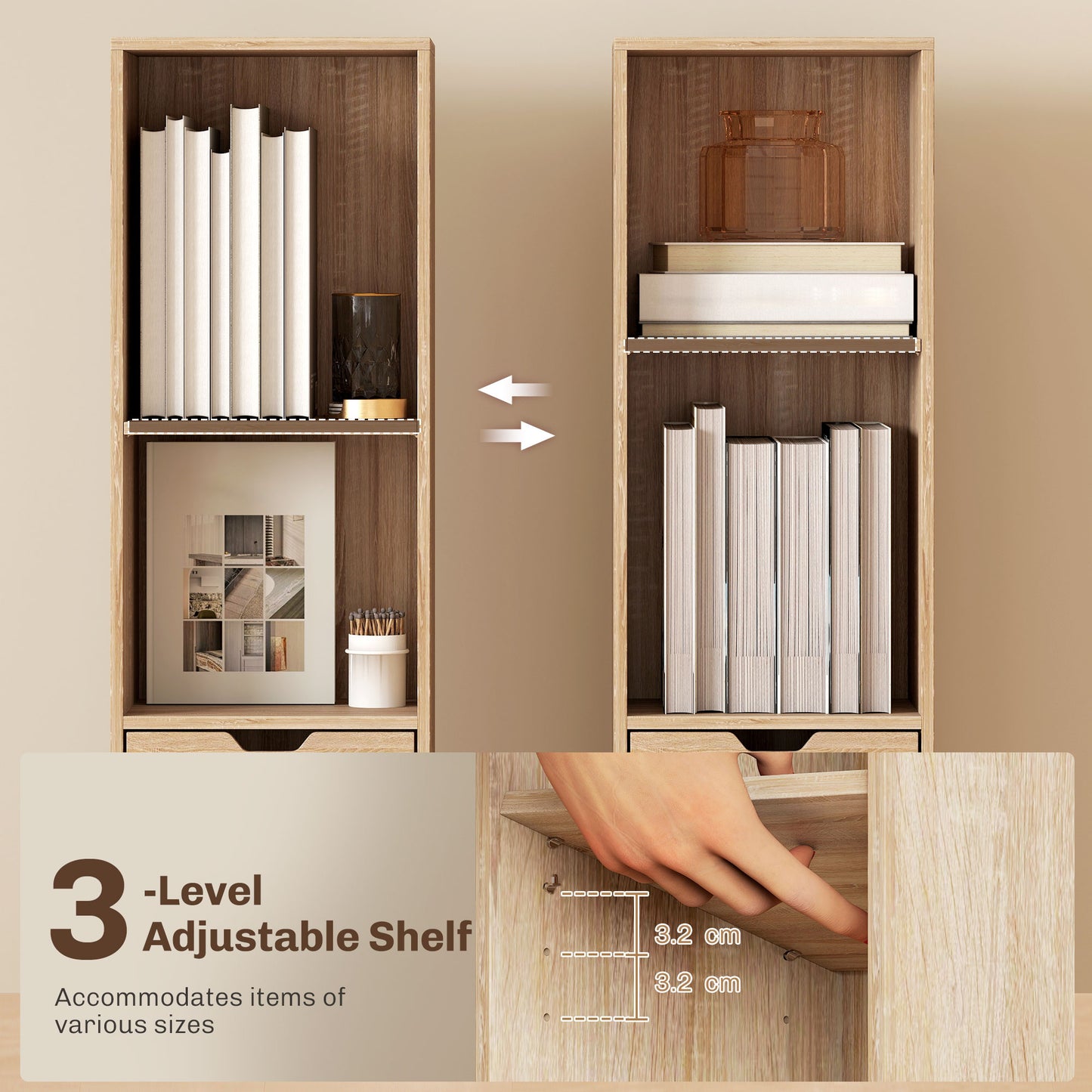 HOMCOM Six Tier Tall Narrow Bookcase With Drawer And Door Natural Wood Finish Durable Storage