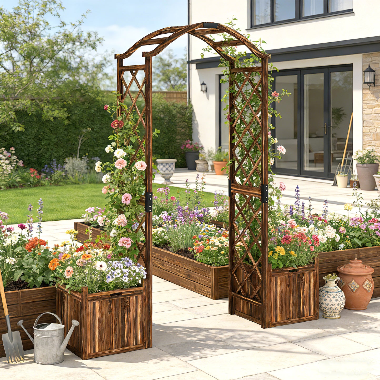 Outsunny Wooden Garden Arch With Two Planter Boxes Outdoor Rose Arch Trellis For Climbing Vines Carbonised Finish