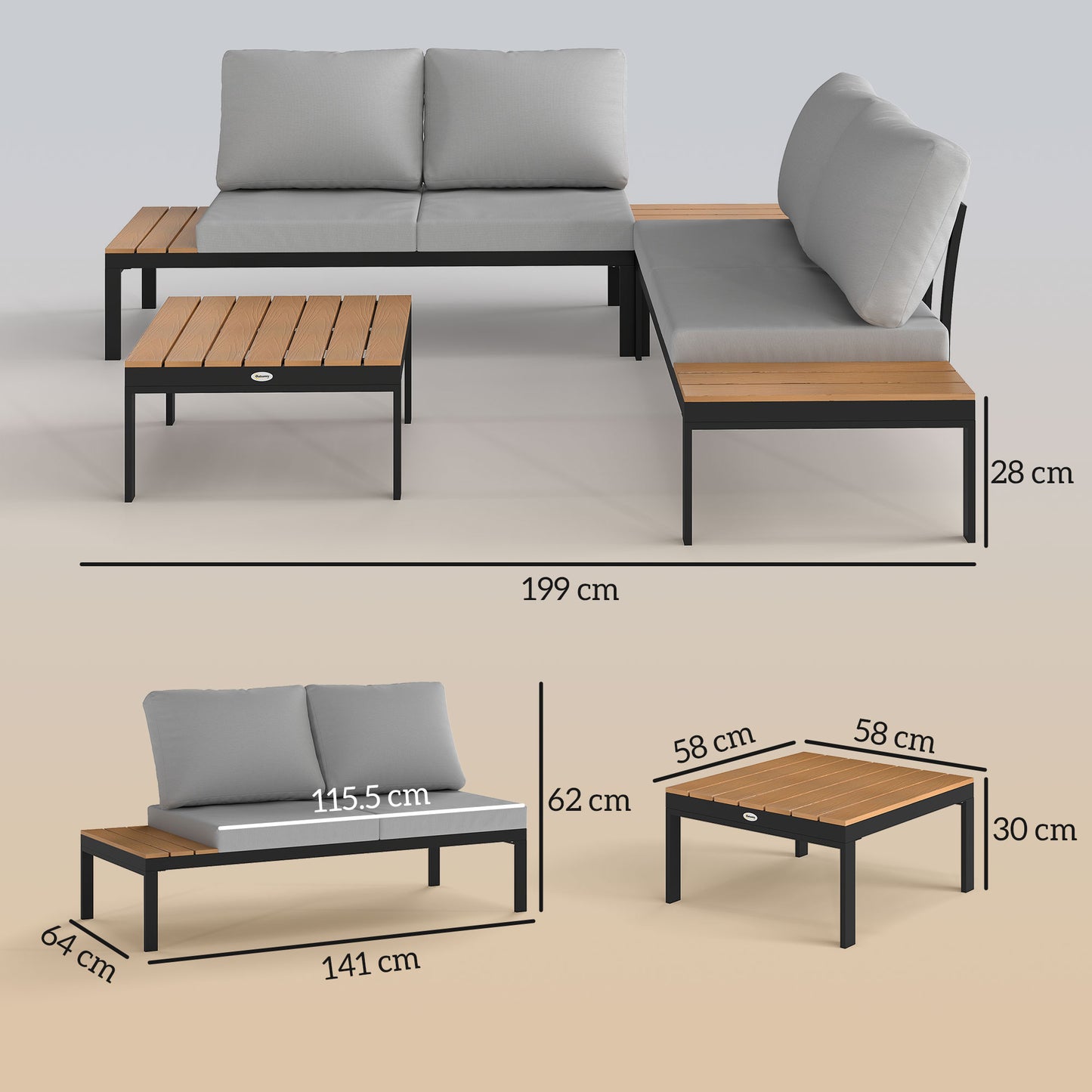 Outsunny Four Piece Garden Corner Sofa Set With Two Loveseats And Two Coffee Tables Teak Finish