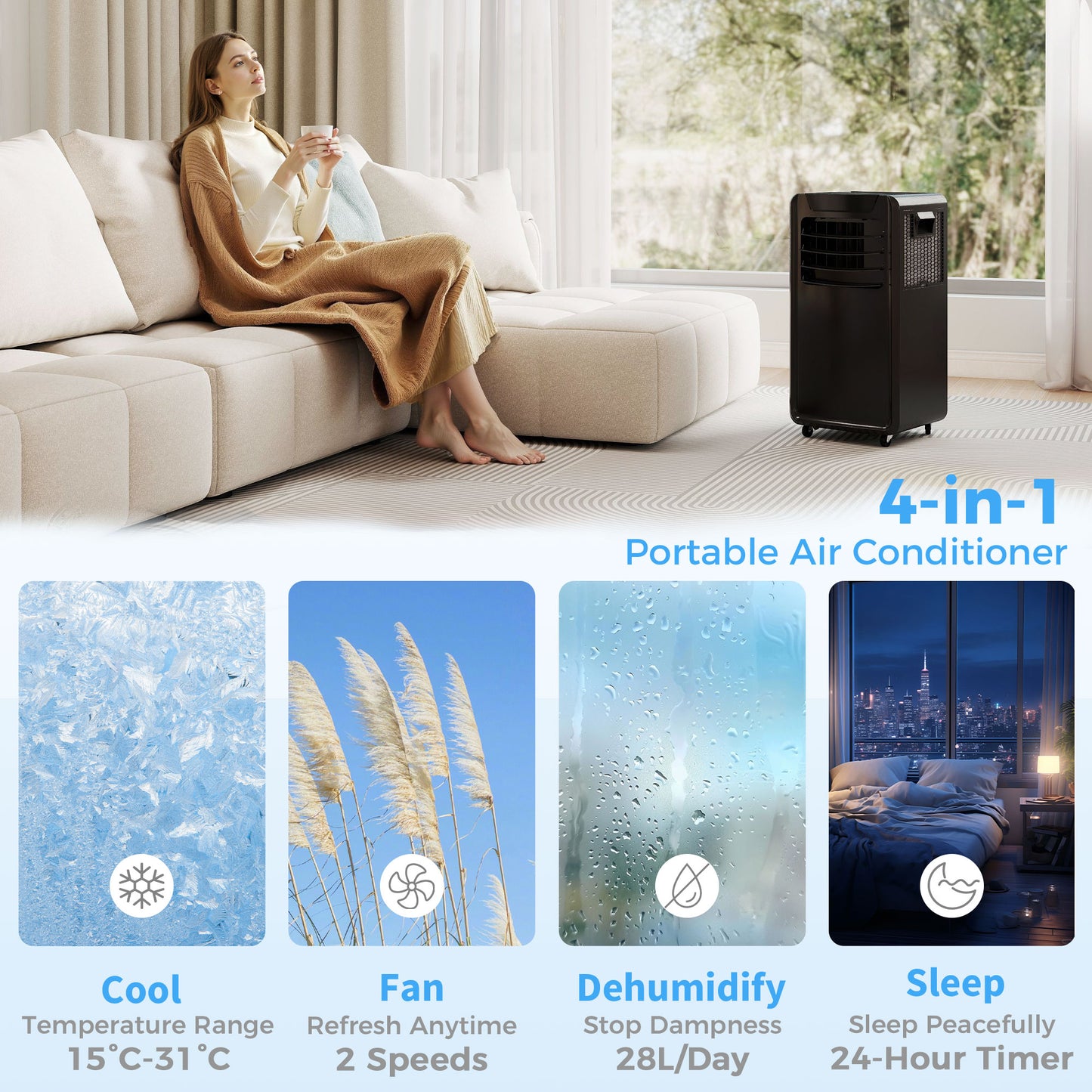 Homcom 10000 BTU 4-In-1 Portable Air Conditioner With Remote Control LED Display 2 Speeds Black