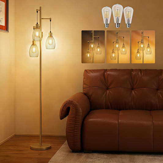 Gold-tone industrial dimmable floor lamp with three cage shades and exposed filament bulbs