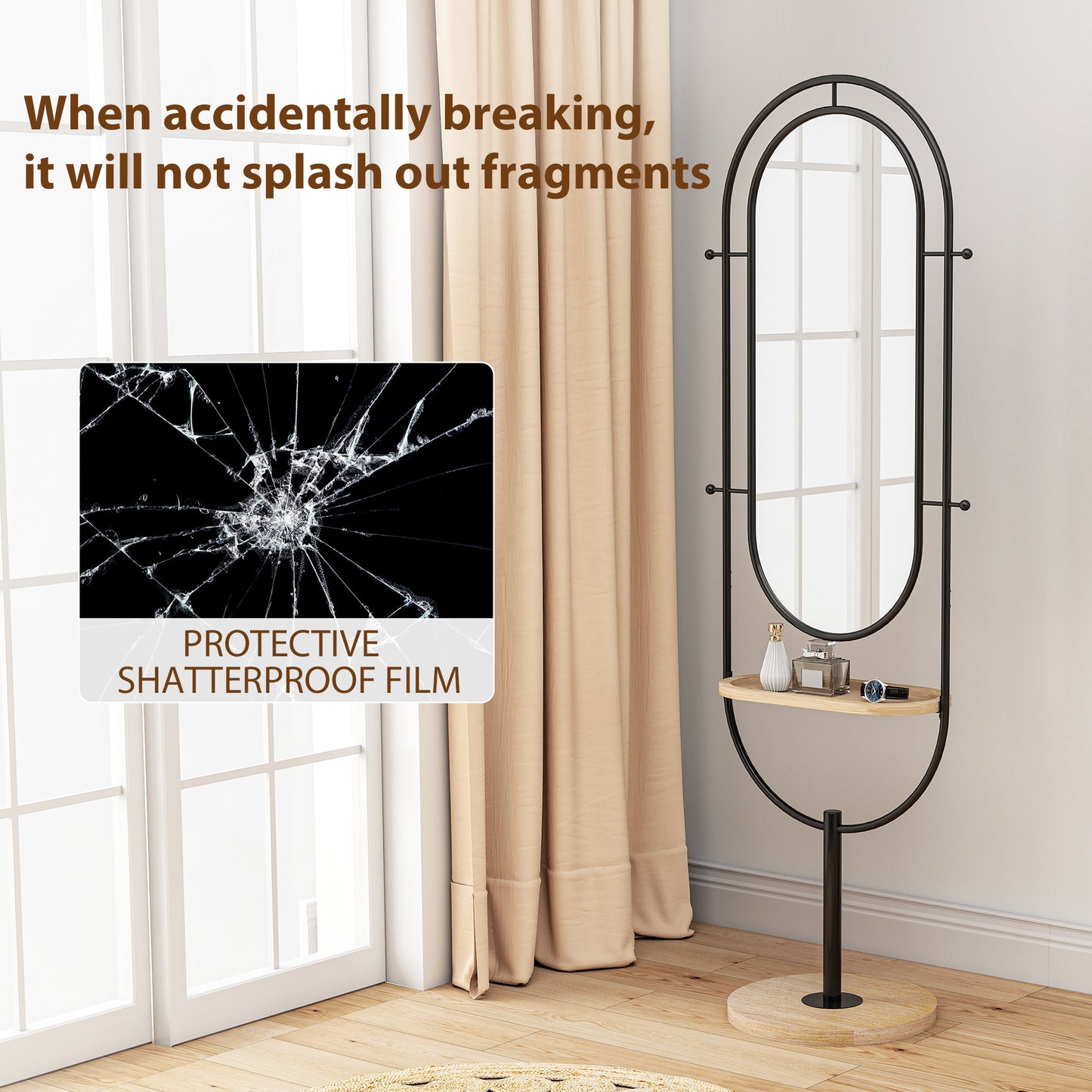 HOMCOM Dual Oval Full Length Mirror With Wooden Tray And Four Hooks Black Finish For Bedroom Or Hallway