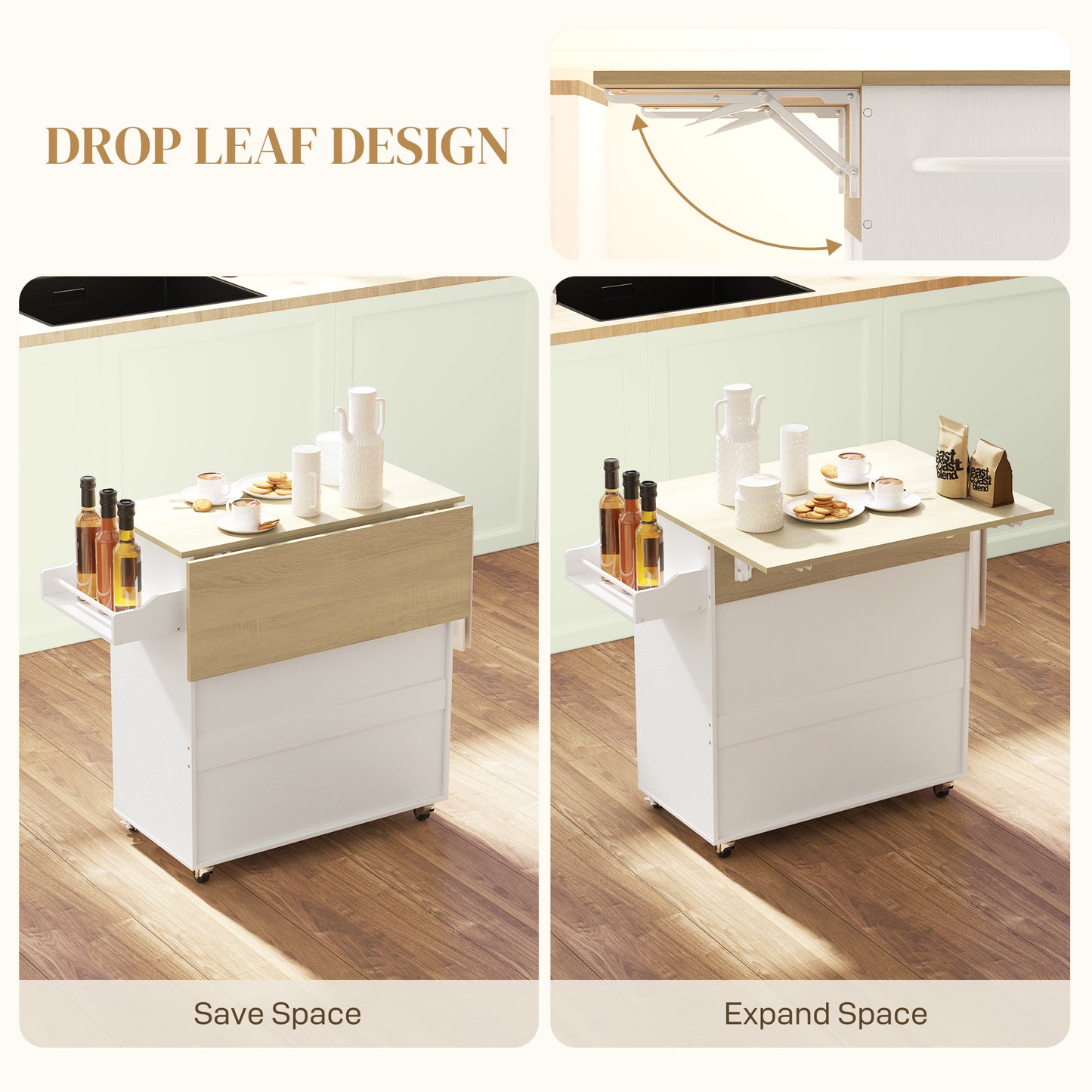 HOMCOM Rolling Kitchen Island With Drop Leaf And Extendable Counter White Cart With Drawer Spice Rack And Towel Rack