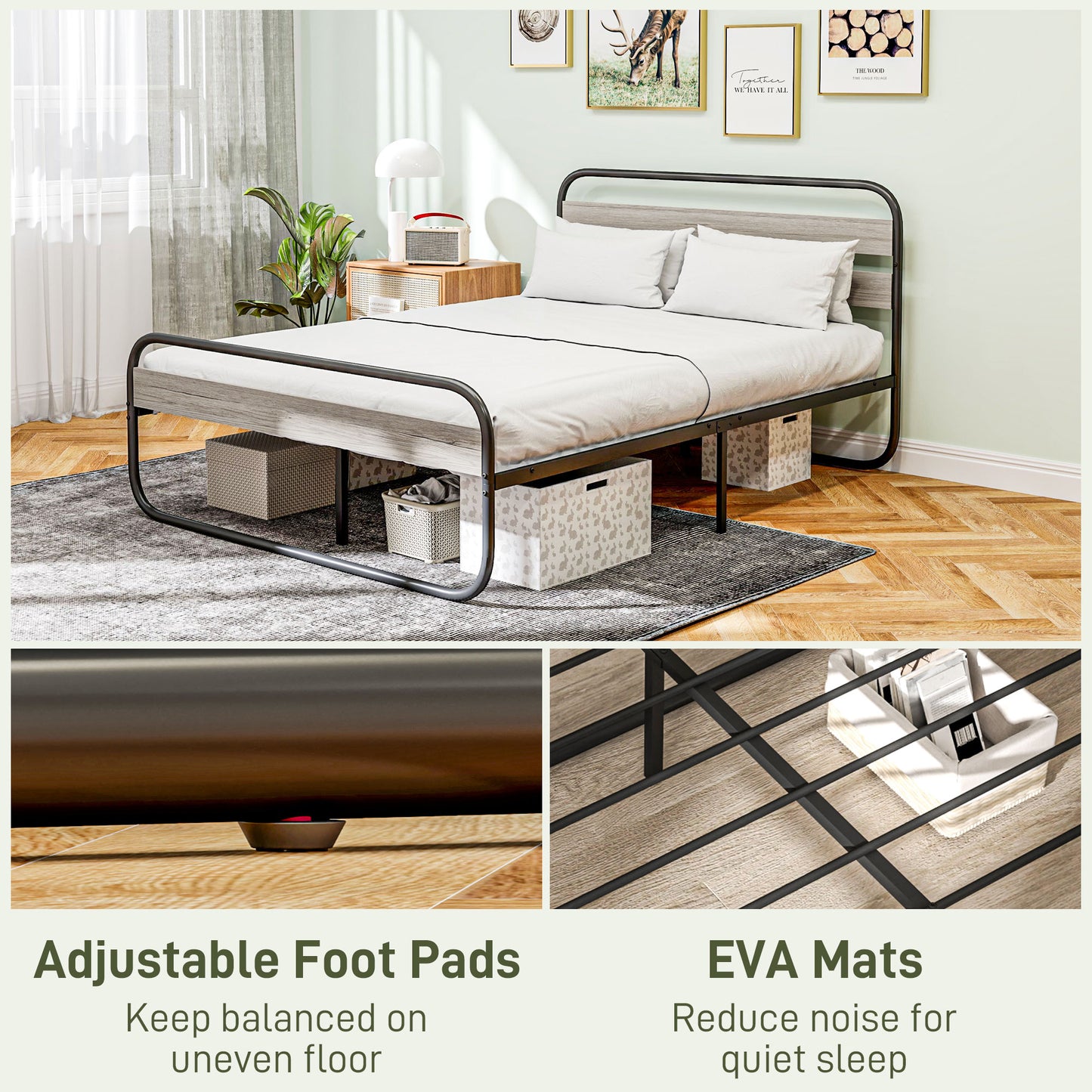 HOMCOM 4ft6 Double Bed Frame Metal Platform Bed With Under Bed Storage No Box Spring Needed Easy Assembly Grey