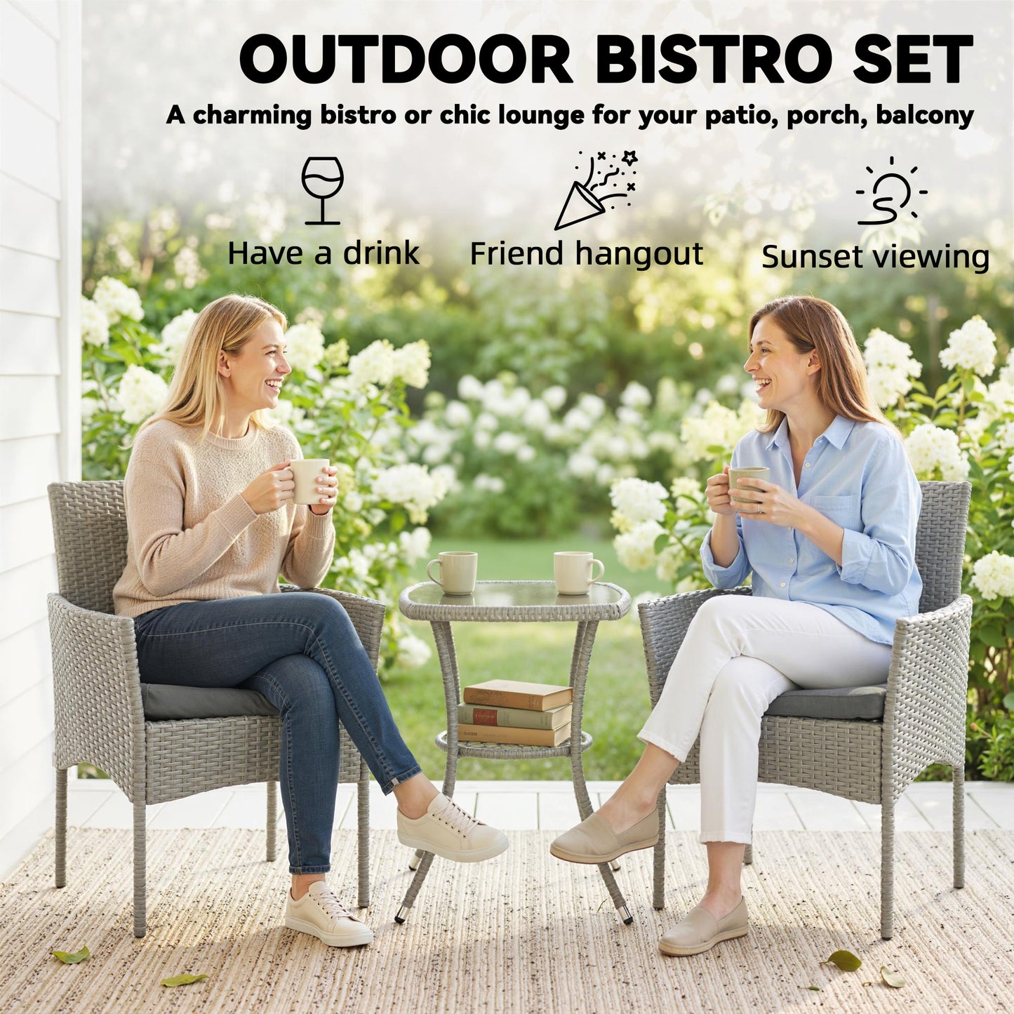 Outsunny 3 Piece Rattan Bistro Set Outdoor Conversation Set With Glass Top Table Cushioned Chairs Dark Grey